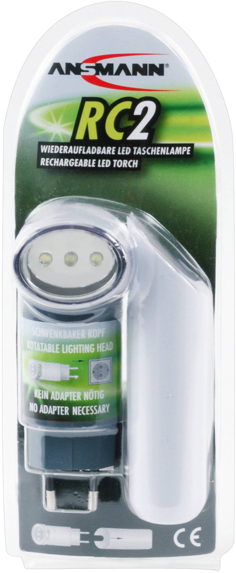 Eine wiederaufladbare LED-Taschenlampe von Ansmann, Modell 'RC2', mit drehbarem Kopf und USB-Anschluss, verpackt in Blisterverpackung.