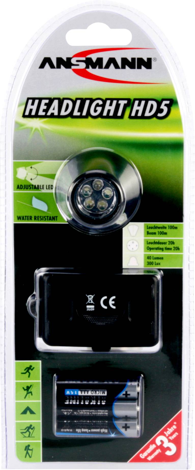 Ansmann HD5 LED Stirnlampe batteriebetrieben 40lm 20h 5819083-510