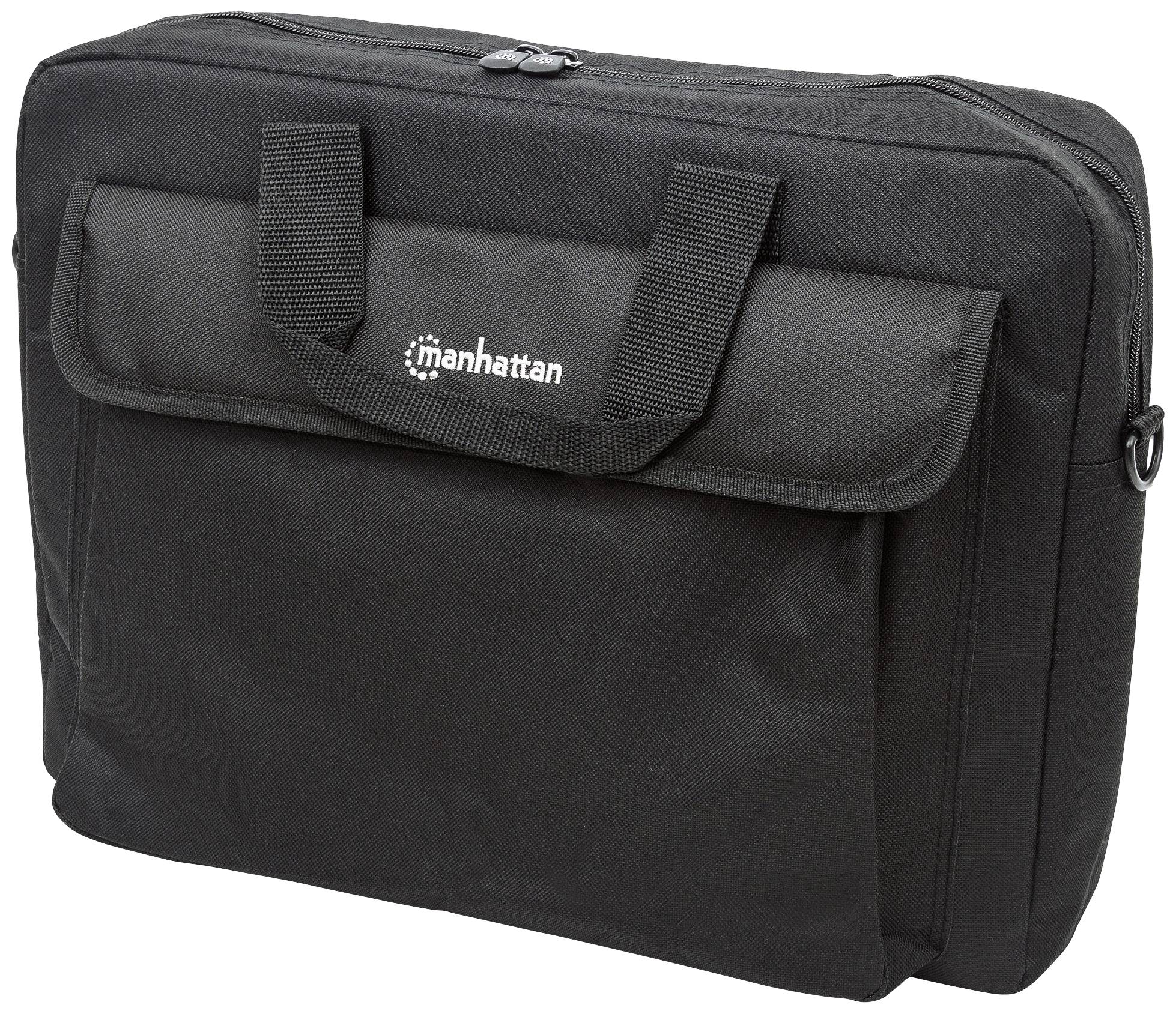 Eine schwarze Laptop-Tasche mit Tragegriff und Reißverschluss. Eine Tasche vorne trägt das Logo 'manhattan'.
