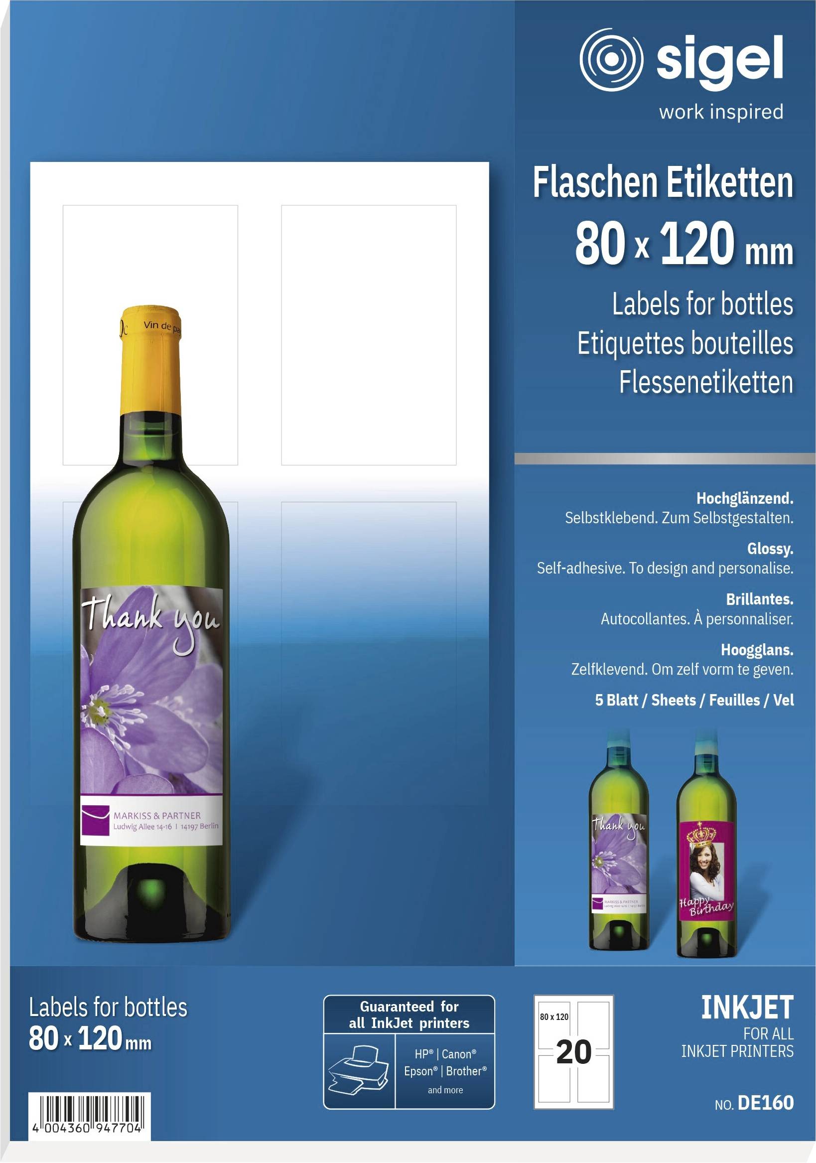 Verpackungsdesign für Sigel-Flaschenaufkleber, zeigt 80 x 120 mm glänzende Tintenstrahl-Etiketten mit einem Beispielweinflaschenbild und mehrsprachige Produktdetails.
