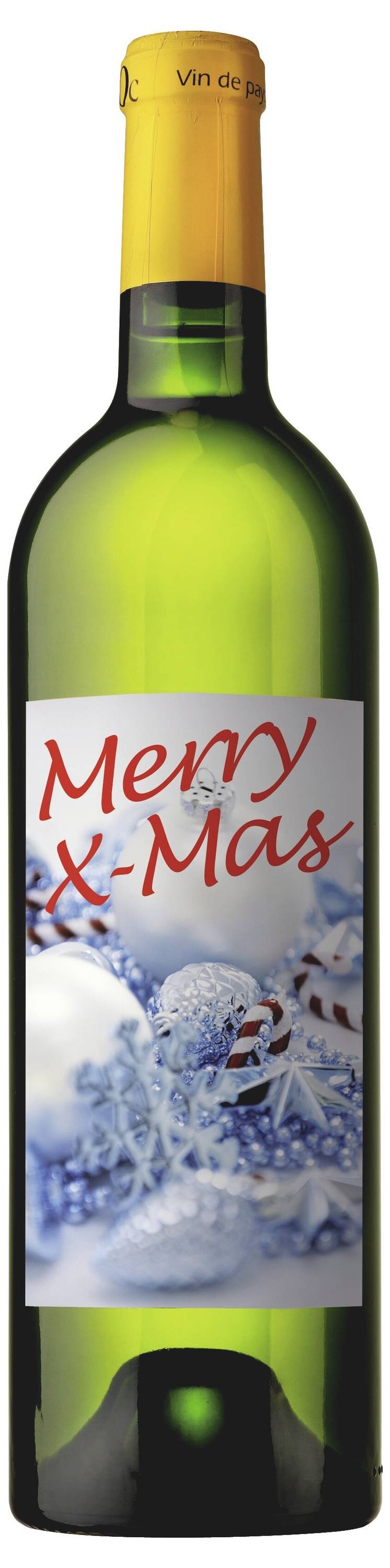 Eine grüne Weinflasche mit dem Etikett „Merry X-Mas" und einem verschneiten Weihnachtsdesign auf der Vorderseite.