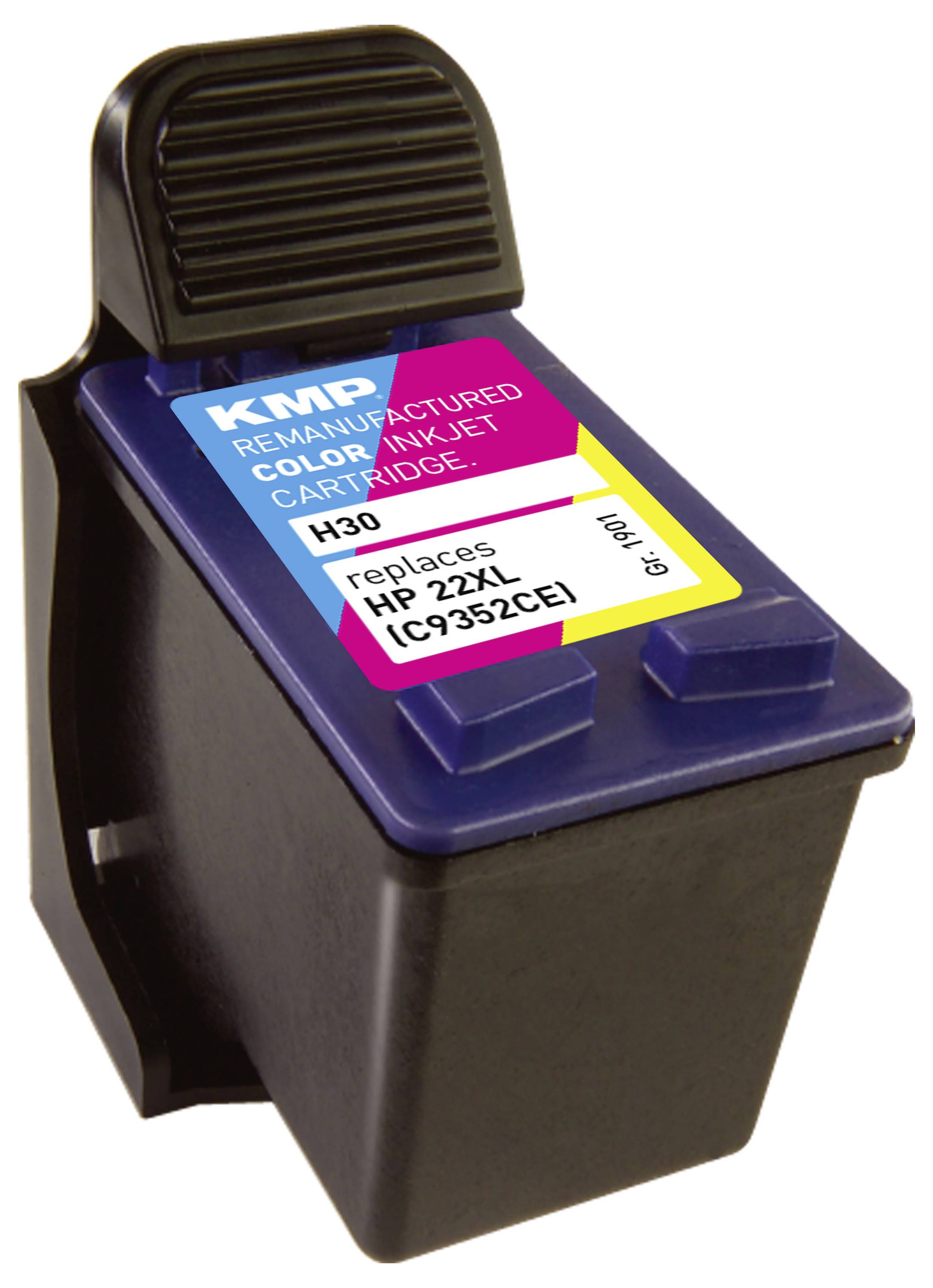 Druckerpatrone KMP, H30, ersetzt HP 22XL und IC9352CE. Für Farb-Tintenstrahldruck. Etikett zeigt Herstellungsdatum: 01/2011.