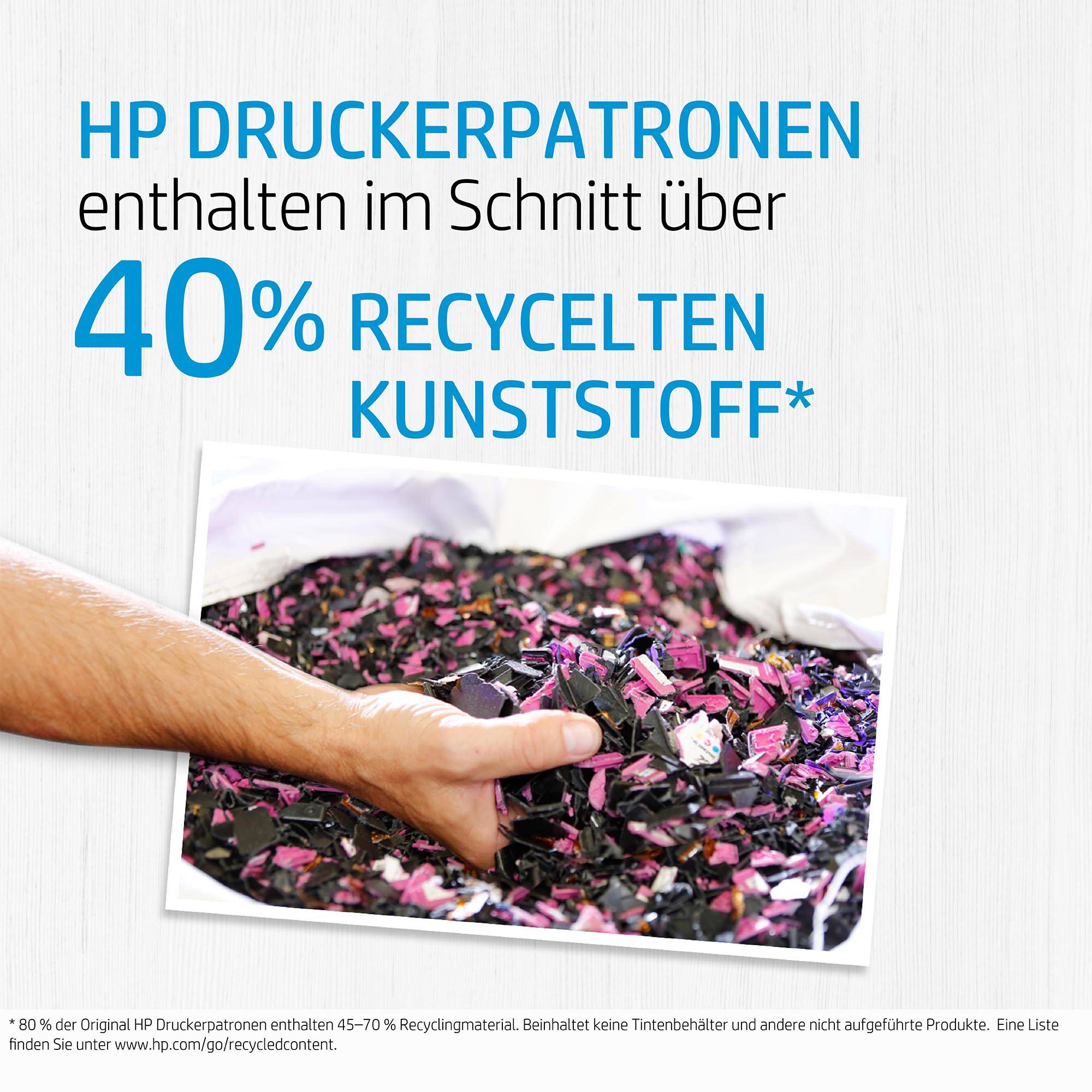 Eine Hand legt Druckerpatronen auf einen Haufen von recyceltem Kunststoff. Text: 'HP Druckerpatronen enthalten im Schnitt über 40% recycelten Kunststoff'.