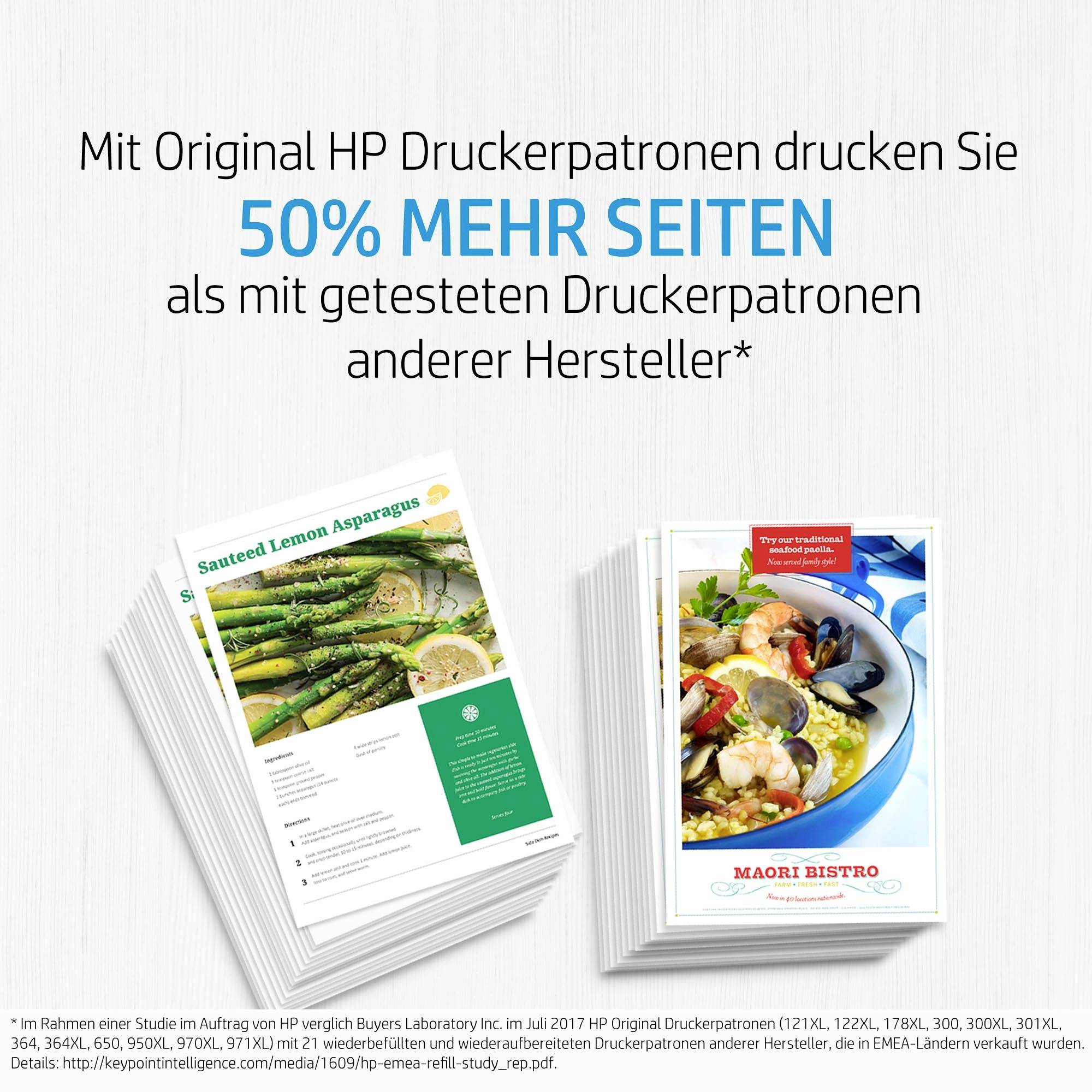 Mit Original HP Druckerpatronen drucken Sie 50% mehr Seiten als mit getesteten Druckerpatronen anderer Hersteller.