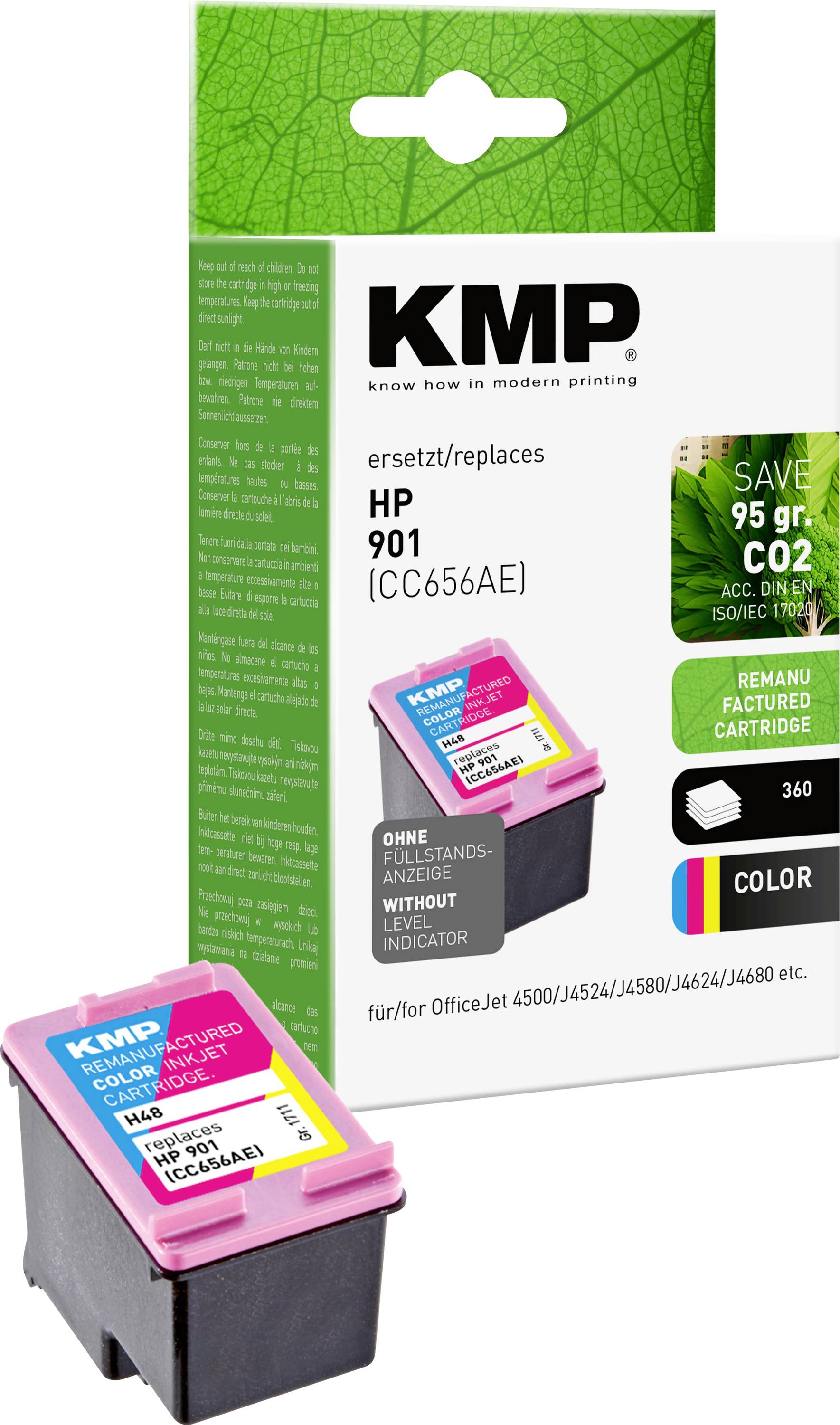 Druckerpatrone KMP ersetzt HP 901, Farbe, für HP OfficeJet 4500-Serie. Verpackung mit grünem Blattmotiv und Textdetails.