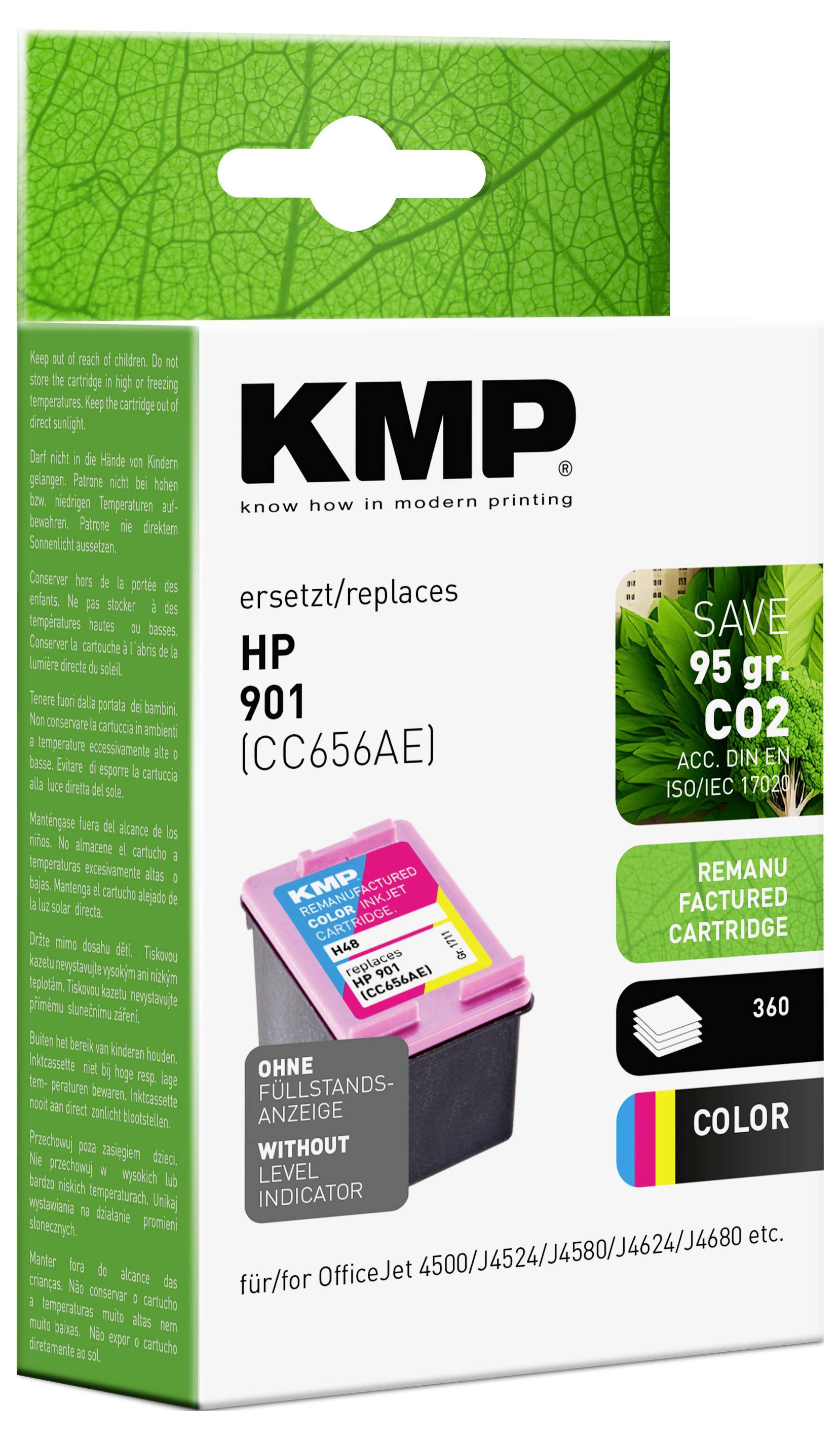 Verpackung einer recycelten Farbpatrone der Marke KMP für HP-Drucker. Spart 95 g CO2. Geeignet für OfficeJet 4500-Modelle.