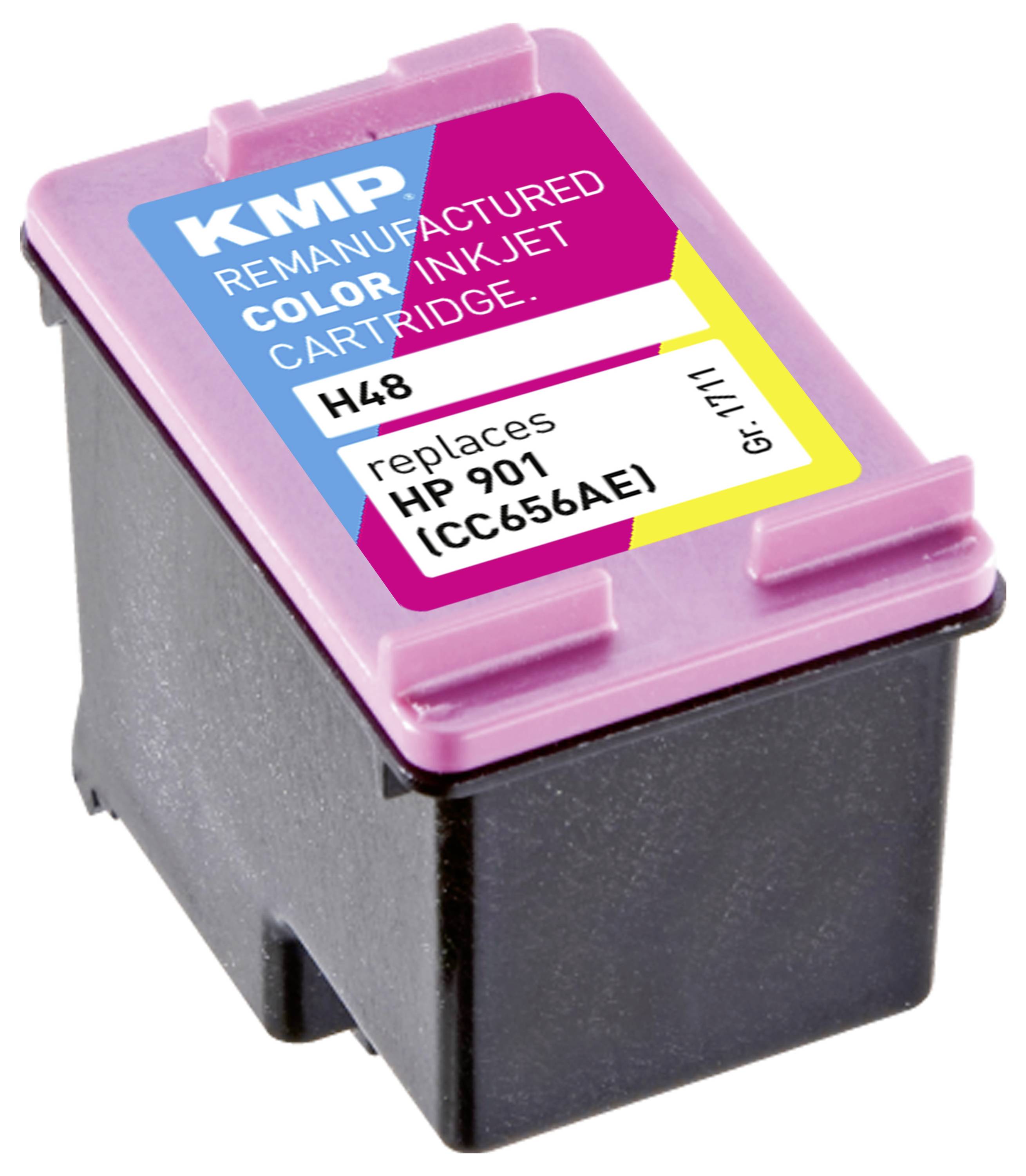 Druckerpatrone, rosa Oberseite, Etikett: 'KMP Remanufactured Color Inkjet Cartridge H48', kompatibel mit 'HP 901 (CC656AE)'.