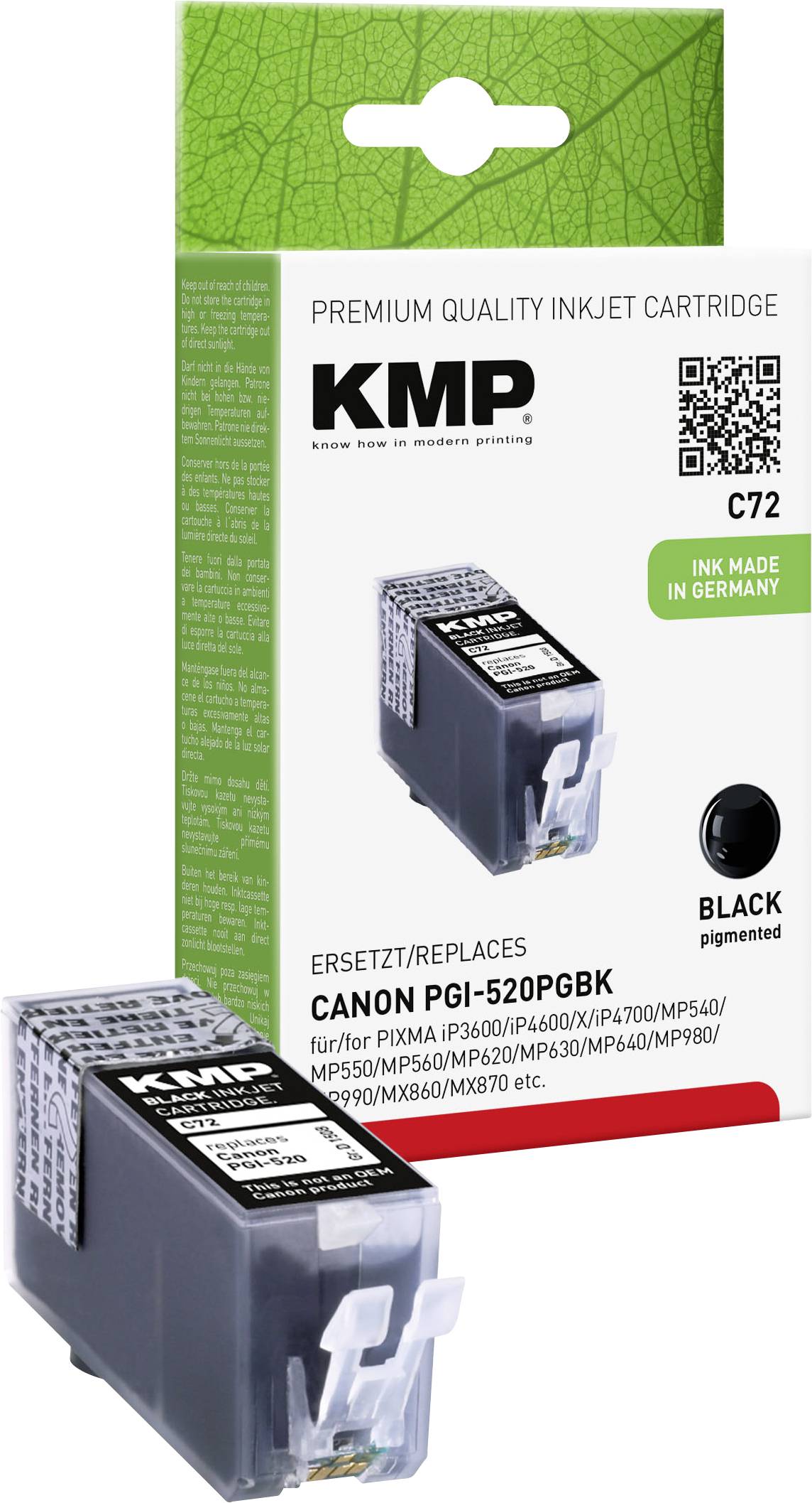 Tintenpatrone KMP PGI-520PGBK für Canon-Drucker, schwarz, in Verpackung abgebildet. 'Ink made in Germany' angegeben.