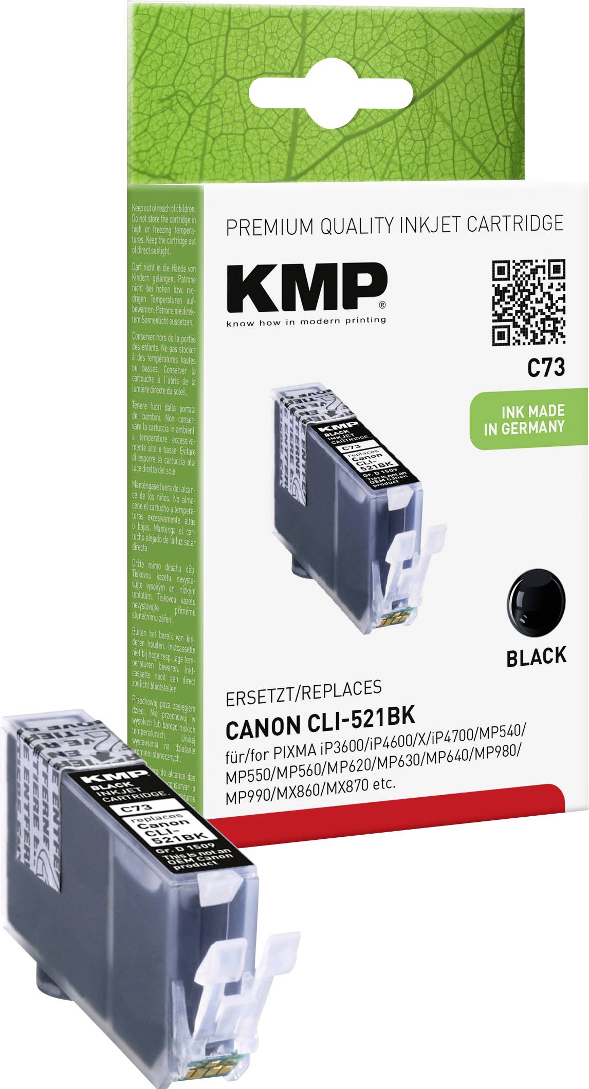 Schwarze Tintenpatrone der Marke KMP, kompatibel mit Canon CLI-521BK. Verpackung betont deutsche Herstellung.