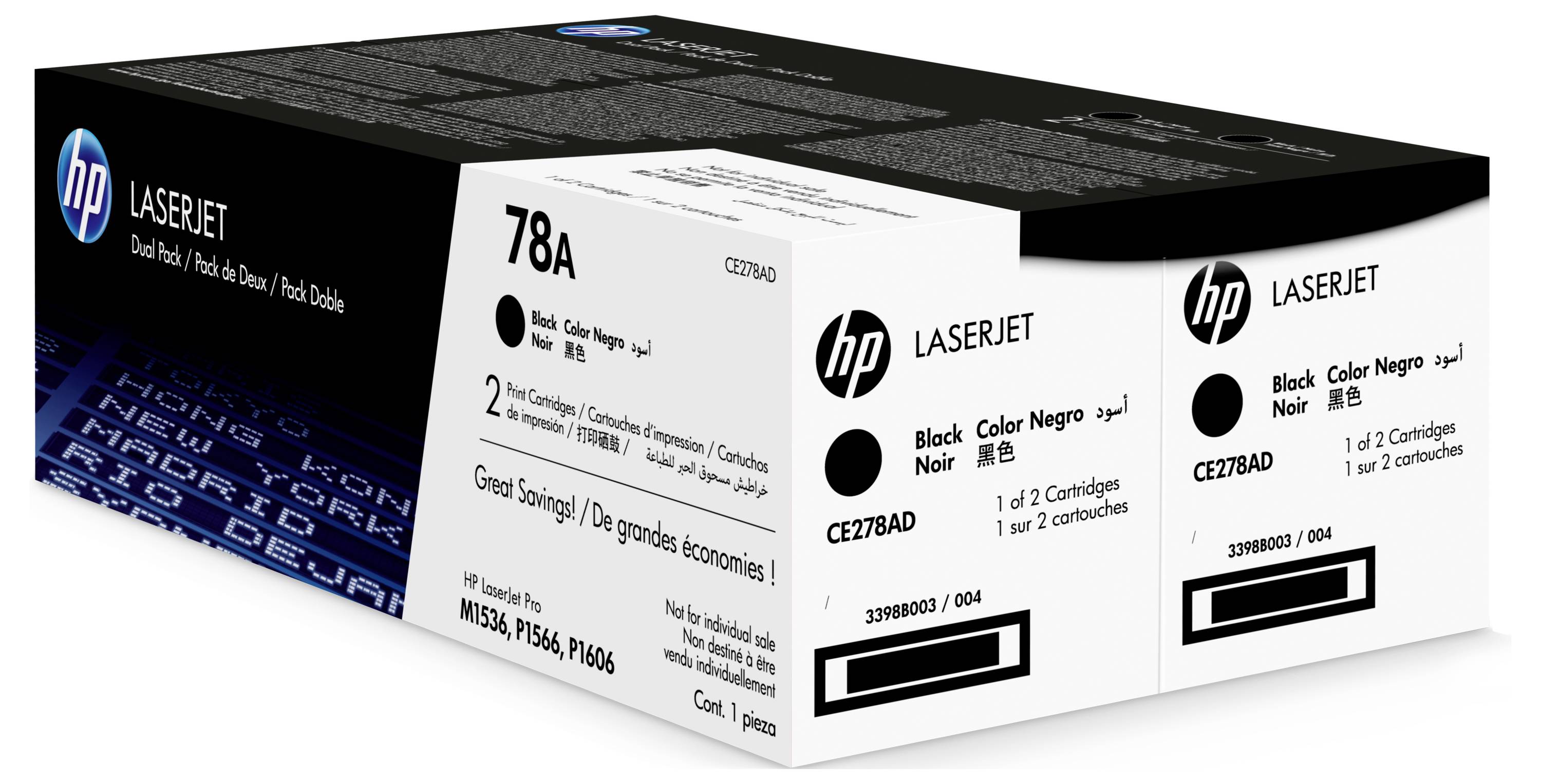 HP LaserJet Schwarztonerpatronenschachtel mit der Bezeichnung 78A, CE278A/CE278D, in schwarz-weißer Verpackung mit Produktdetails und Modellnummern.