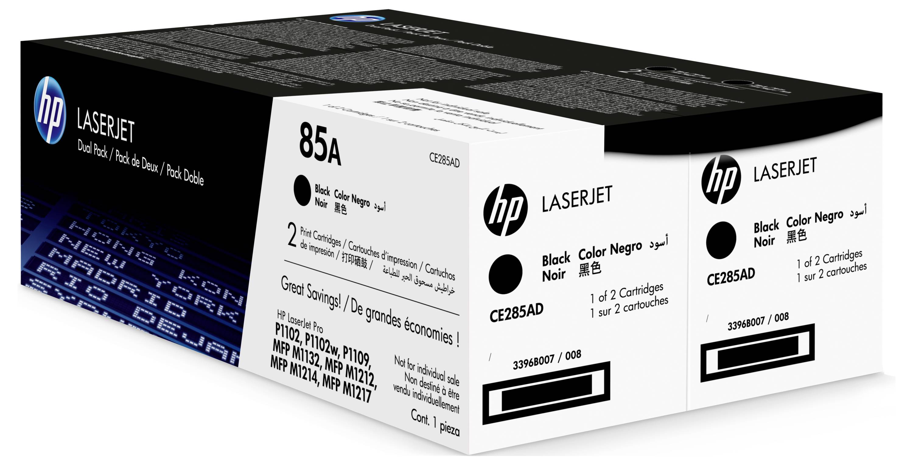 HP LaserJet 85A schwarze Tonerkartusche, Schachtel mit der Bezeichnung „CE285AD" und „Black Color Negro", gezeigt in Einzelhandelsverpackung.
