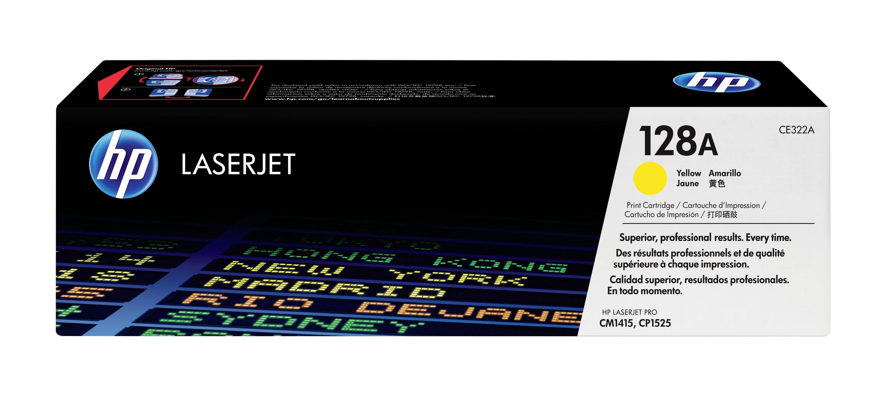 HP LaserJet 128A Tonerkassette, weiße und schwarze Verpackung mit gelbem Tintenstandsanzeiger und Produktdetails.