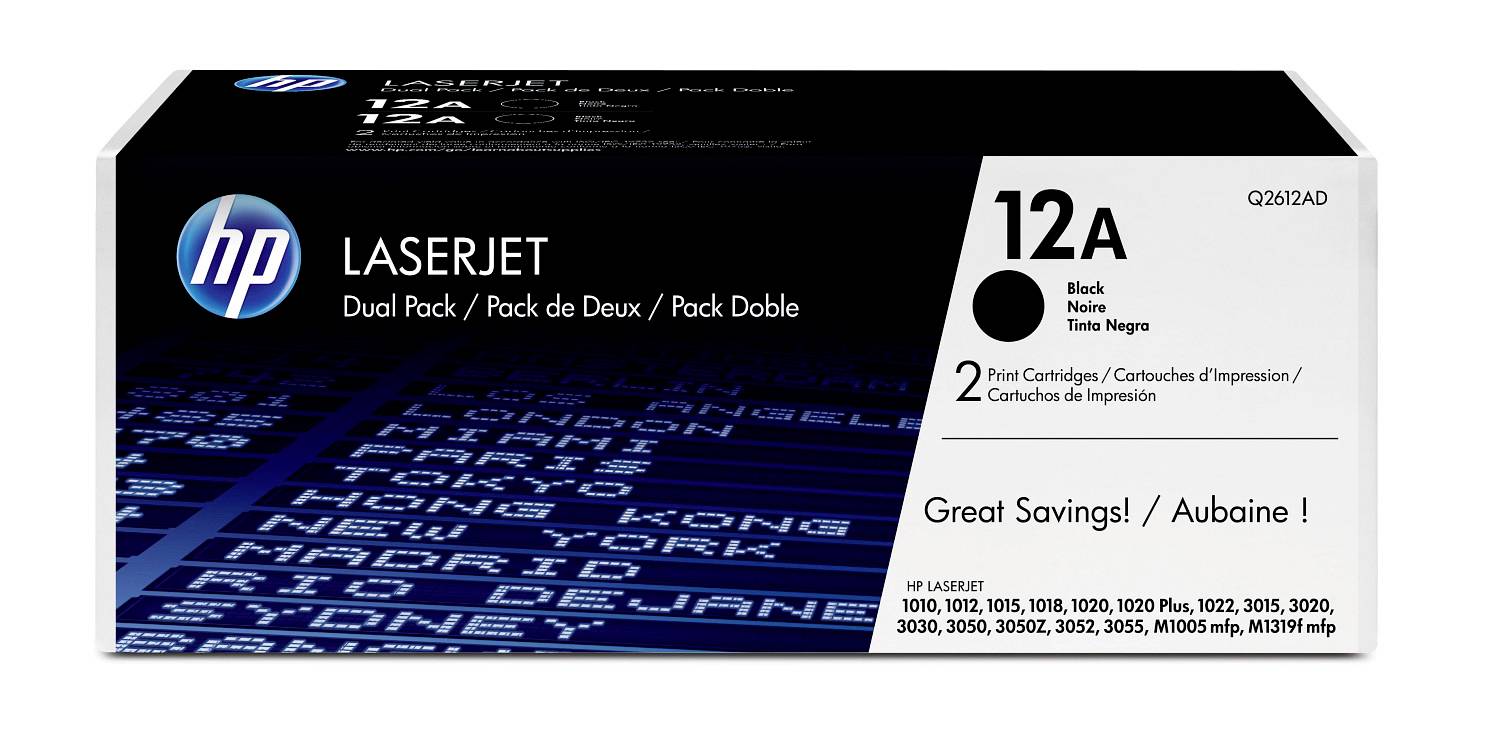 HP LaserJet 12A schwarze Toner Doppelpack Box, mit dem Etikett „Großartige Ersparnisse! / Aubaine!