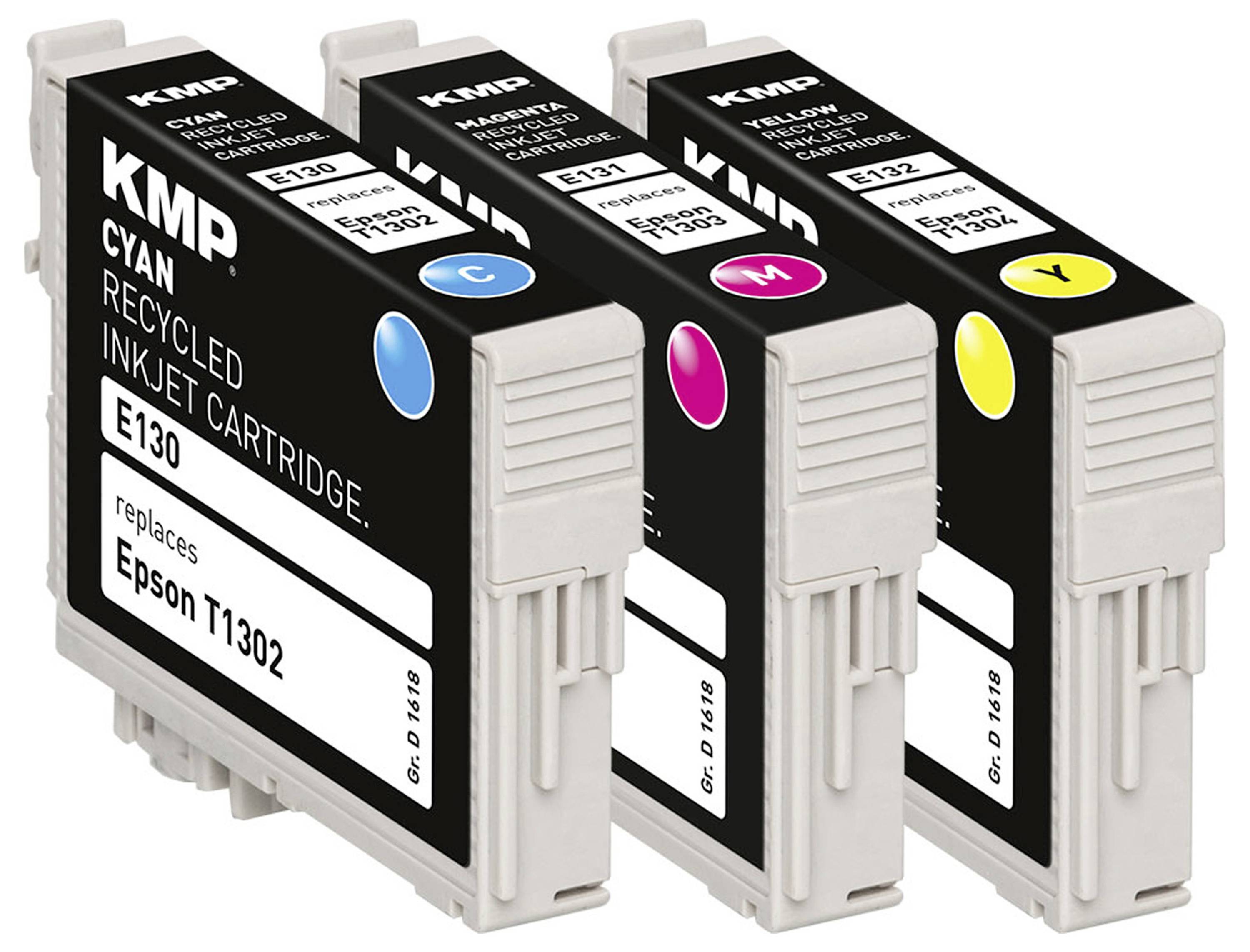 Drei KMP-Recycling-Tintenpatronen für Epson-Drucker: Cyan, Magenta und Gelb, jeweils mit einem Farbpunkt und einer Patronennummer gekennzeichnet.