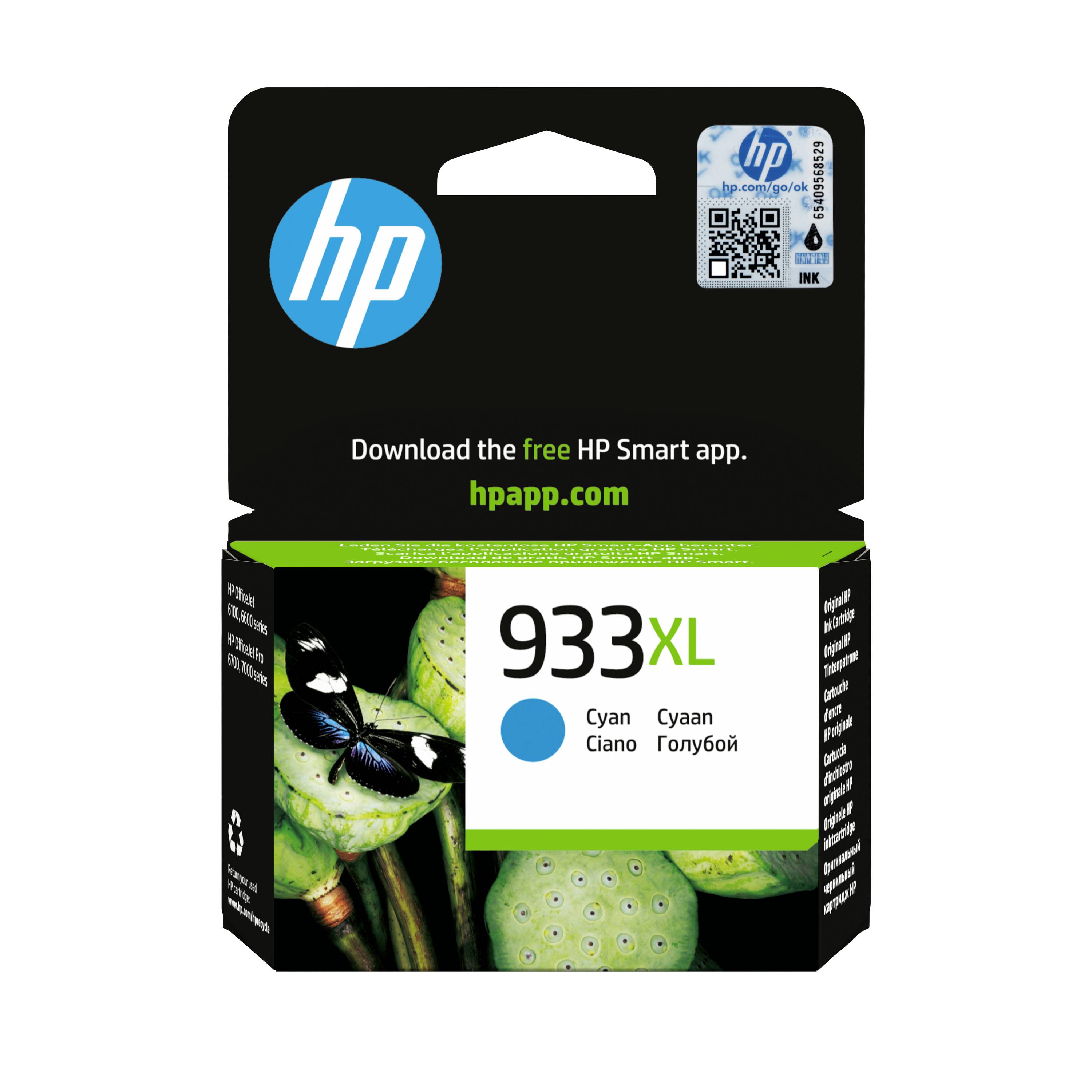 HP 933XL Cyan-Tintenpatrone Verpackung mit HP-Logo, „Laden Sie die kostenlose HP Smart App herunter. hpapp.com