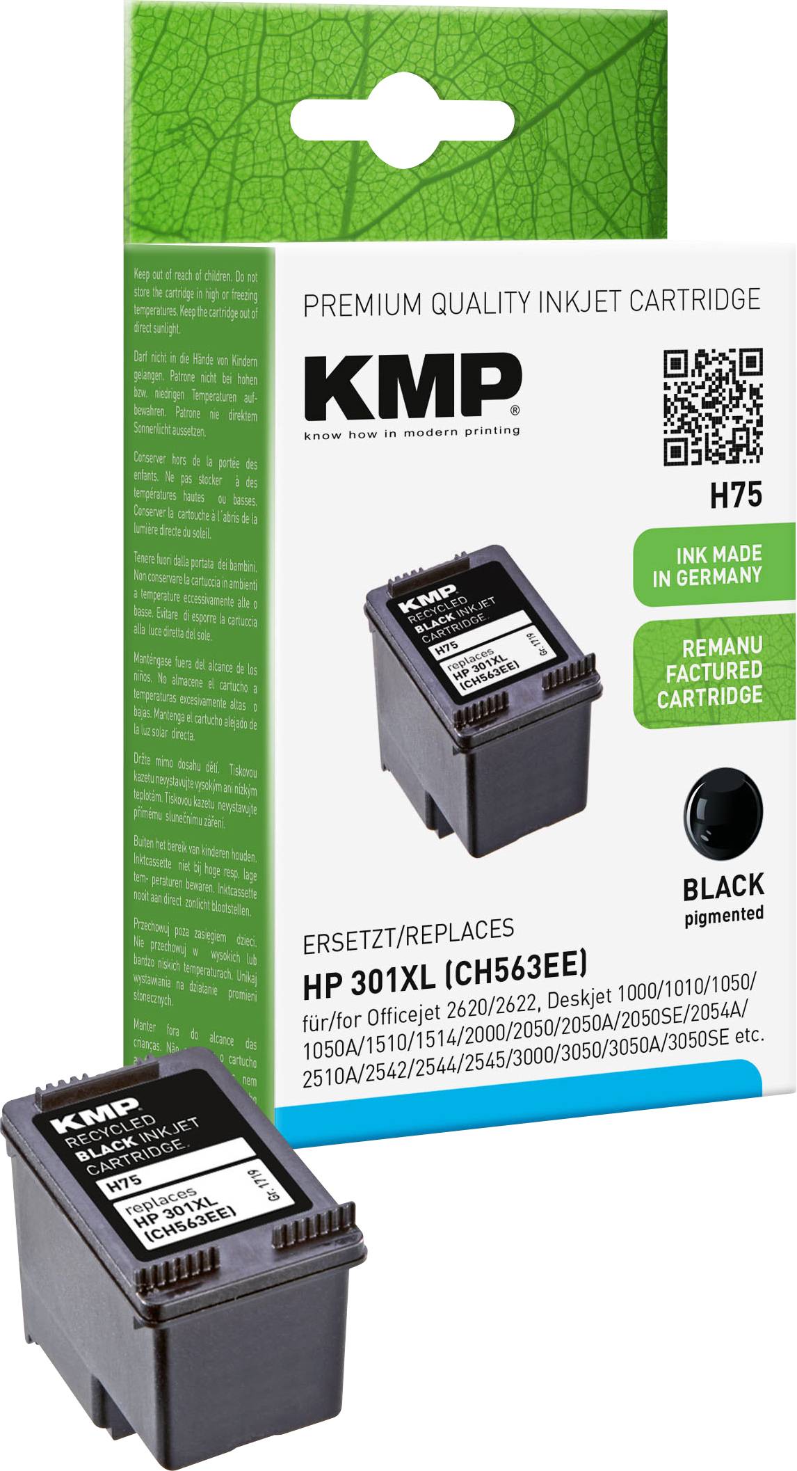 Tintenpatrone KMP H75 in Schwarz, kompatibel mit HP 301 XL. Enthält Hinweise auf nachhaltige Herstellung in Deutschland.