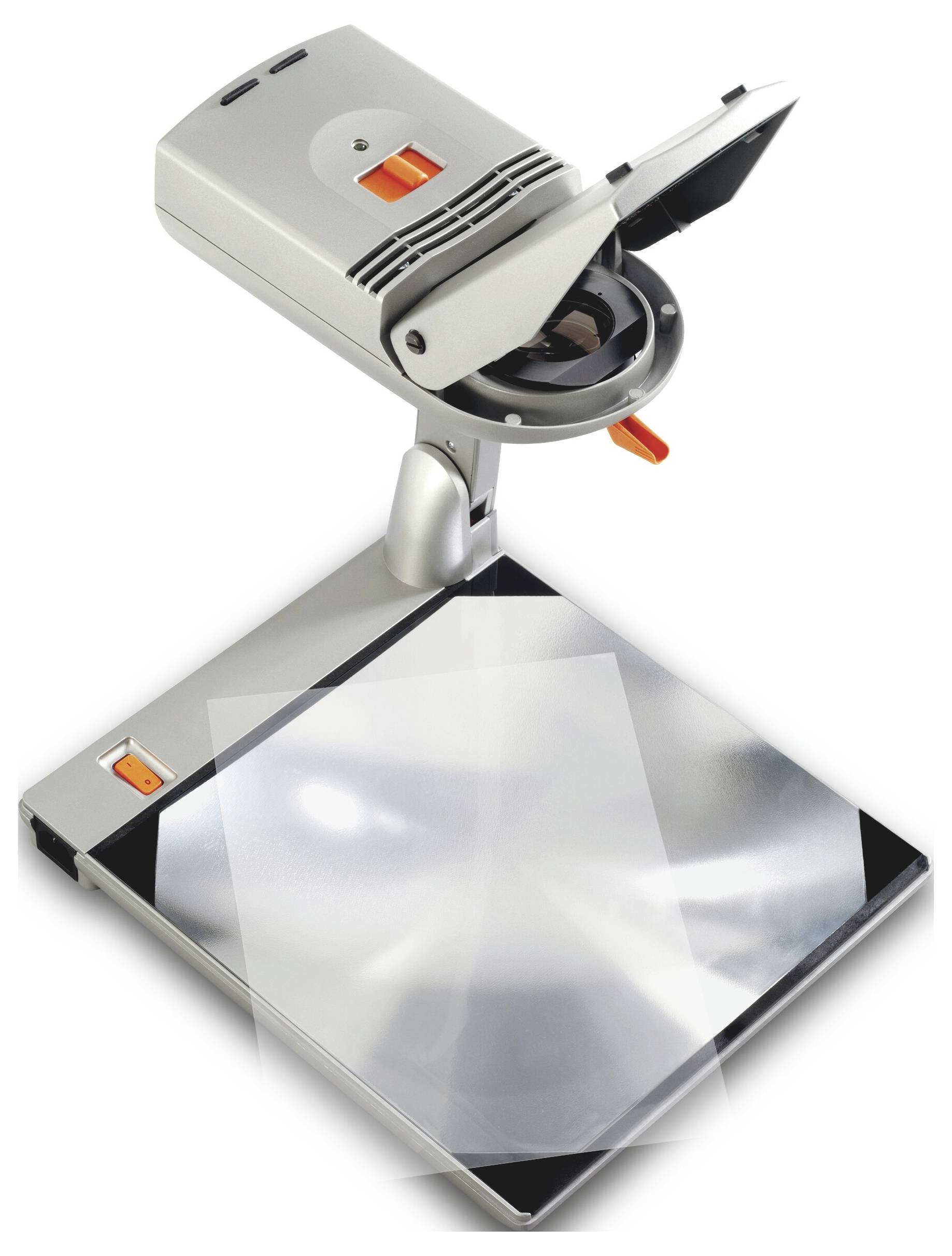 Ein Flachbettscanner mit offener Abdeckung und einer durchscheinenden Folie auf dem Glasscannerrlett.