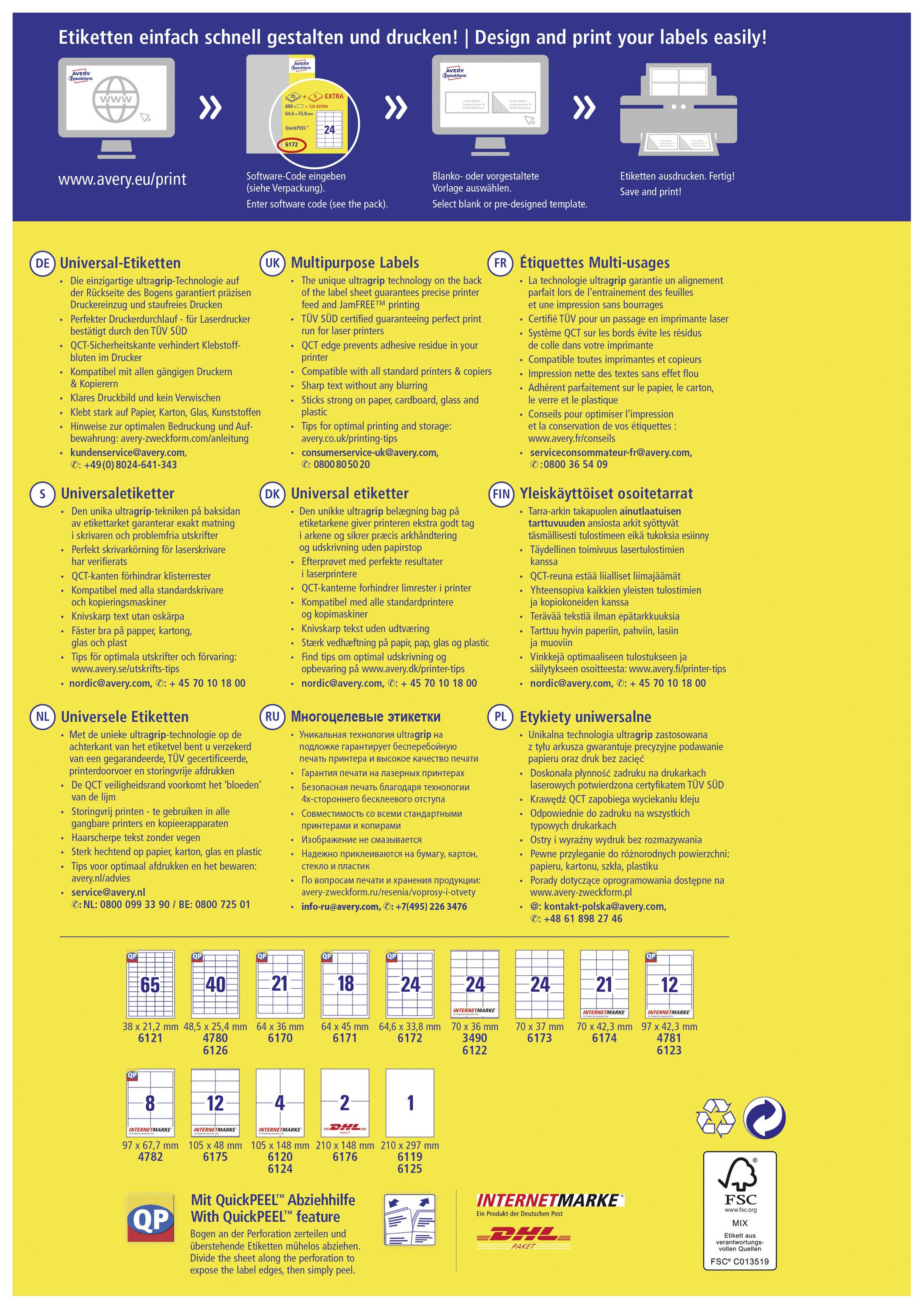 Avery-Zweckform 6171 Universal-Etiketten 64 x 45mm Papier Weiß 540 St. Permanent haftend Tintenstrahldrucker, Laserdrucker