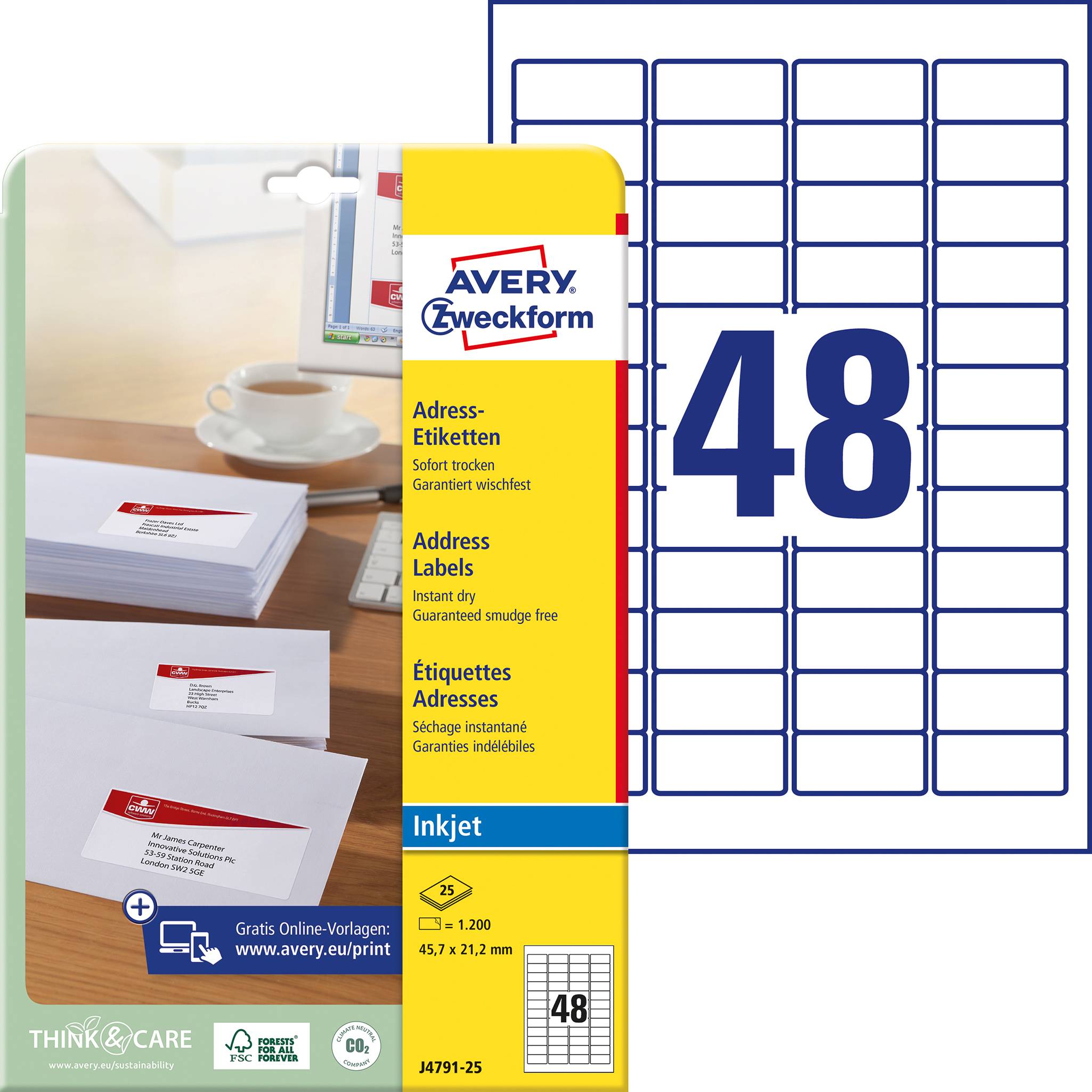 Etikettenpaket 'Avery Zweckform'. Enthält 1200 Adressetiketten, 48 pro Blatt, leicht abziehbar, geeignet für Inkjet-Drucker.