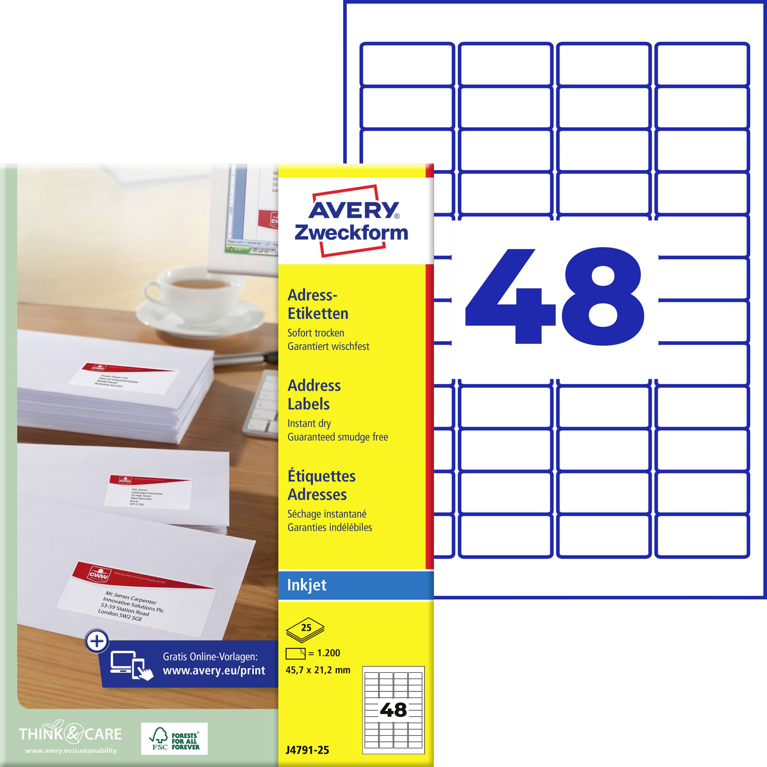 Avery Zweckform Etikettenpakete für Tintenstrahldrucker, zeigt ein Vorlagenblatt mit 48 Adressetiketten und Beispieldrucke von bedruckten Etiketten auf einem Schreibtisch.