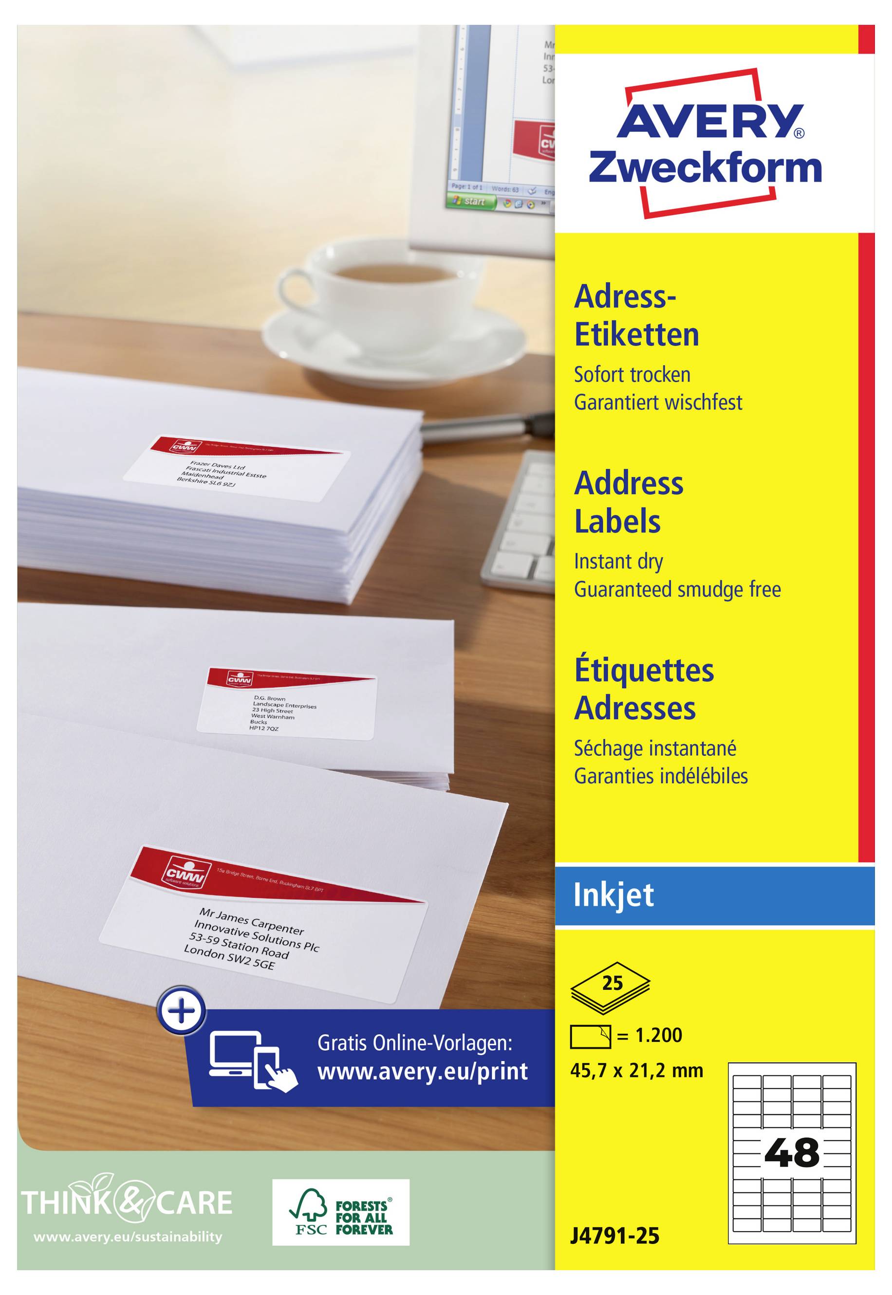 Avery Zweckform Adressetiketten-Packung mit blanken weißen Etiketten zum Inkjet-Druck, mit Produktname, Größe 45,7 x 21,2 mm und 48 Etiketten pro Blatt.