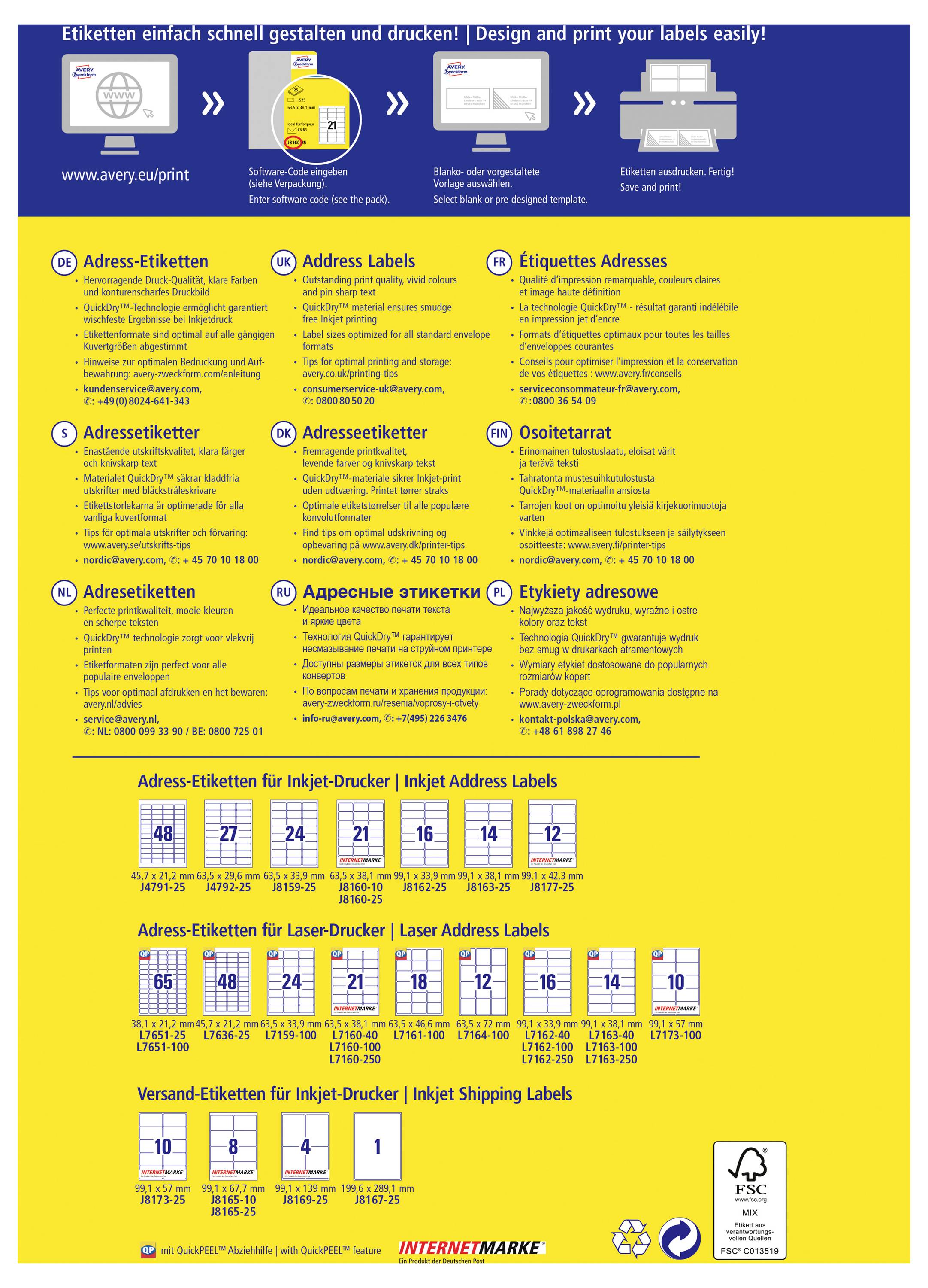 Plakat für Avery-Adressetiketten mit mehrsprachigen Produktkategorien und Etikettengröße für Inkjet-, Laser- und Versandanwendungen.