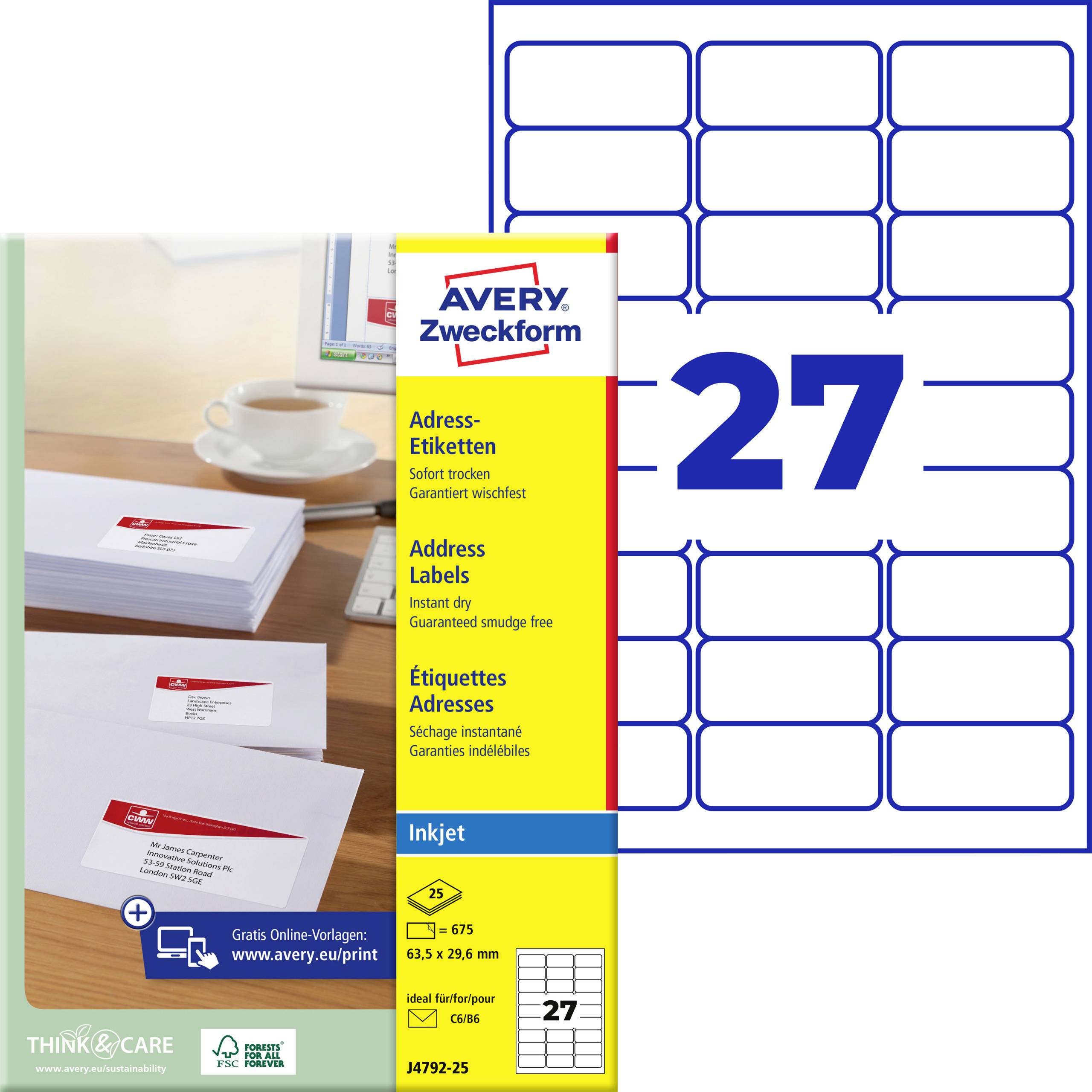 Avery Zweckform Adressetiketten-Paket mit einem 27er-Bogen für Tintenstrahlendrucker, mit Beispieletiketten und Produktdetails auf der Verpackung.