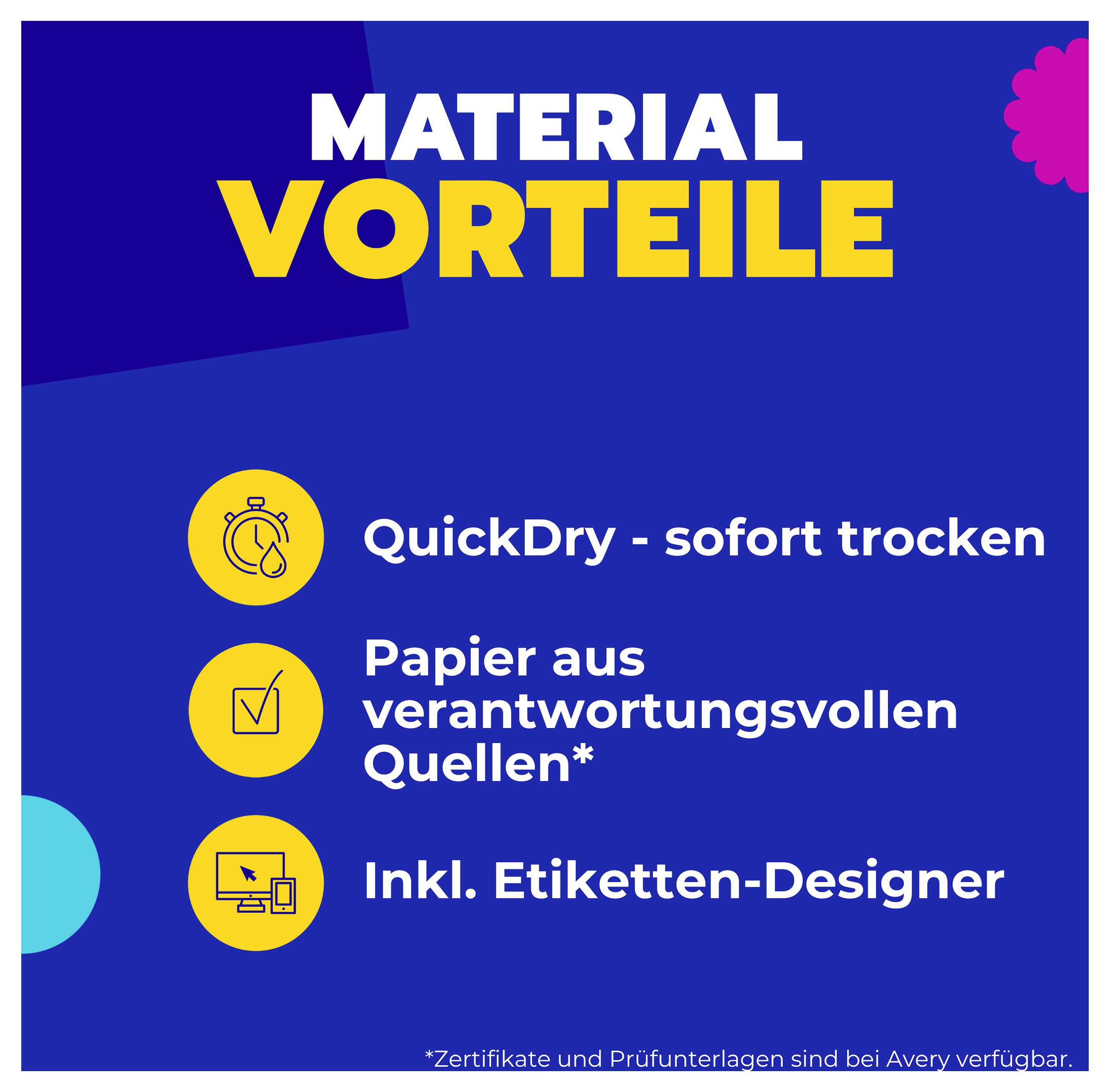 Infografik 'Material Vorteile' mit drei Punkten: 'QuickDry - sofort trocken', 'Papier aus verantwortungsvollen Quellen*' und 'Inkl. Etiketten-Designer'.