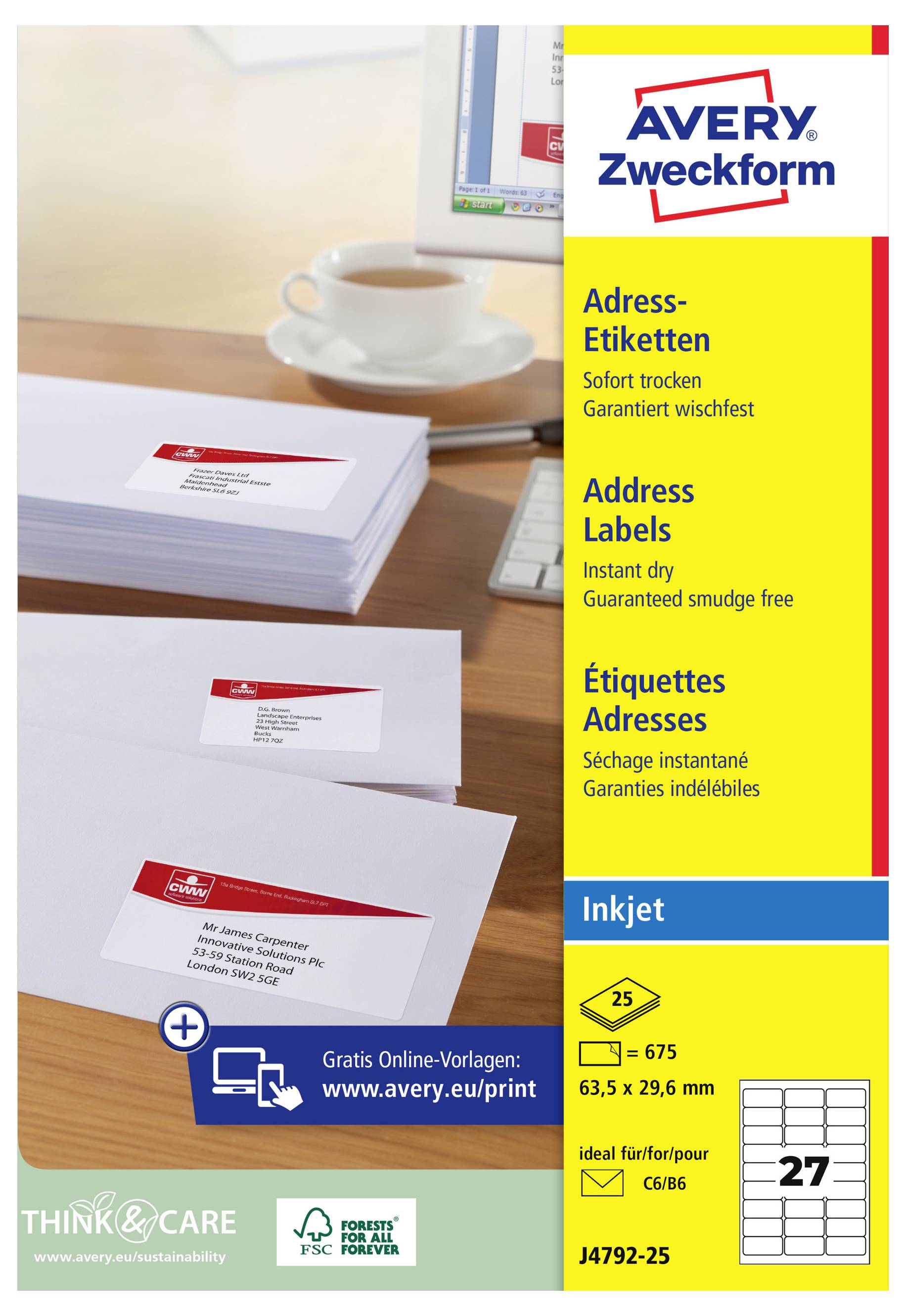 Avery Zweckform Adressenetikett-Paket mit tintenstrahldrucker-kompatiblen weißen Adressenetiketten, sofort trocknend und verschmierungsfrei, mit Etikettengröße 63,5 x 29,6 mm und 675 Etiketten pro Packung.