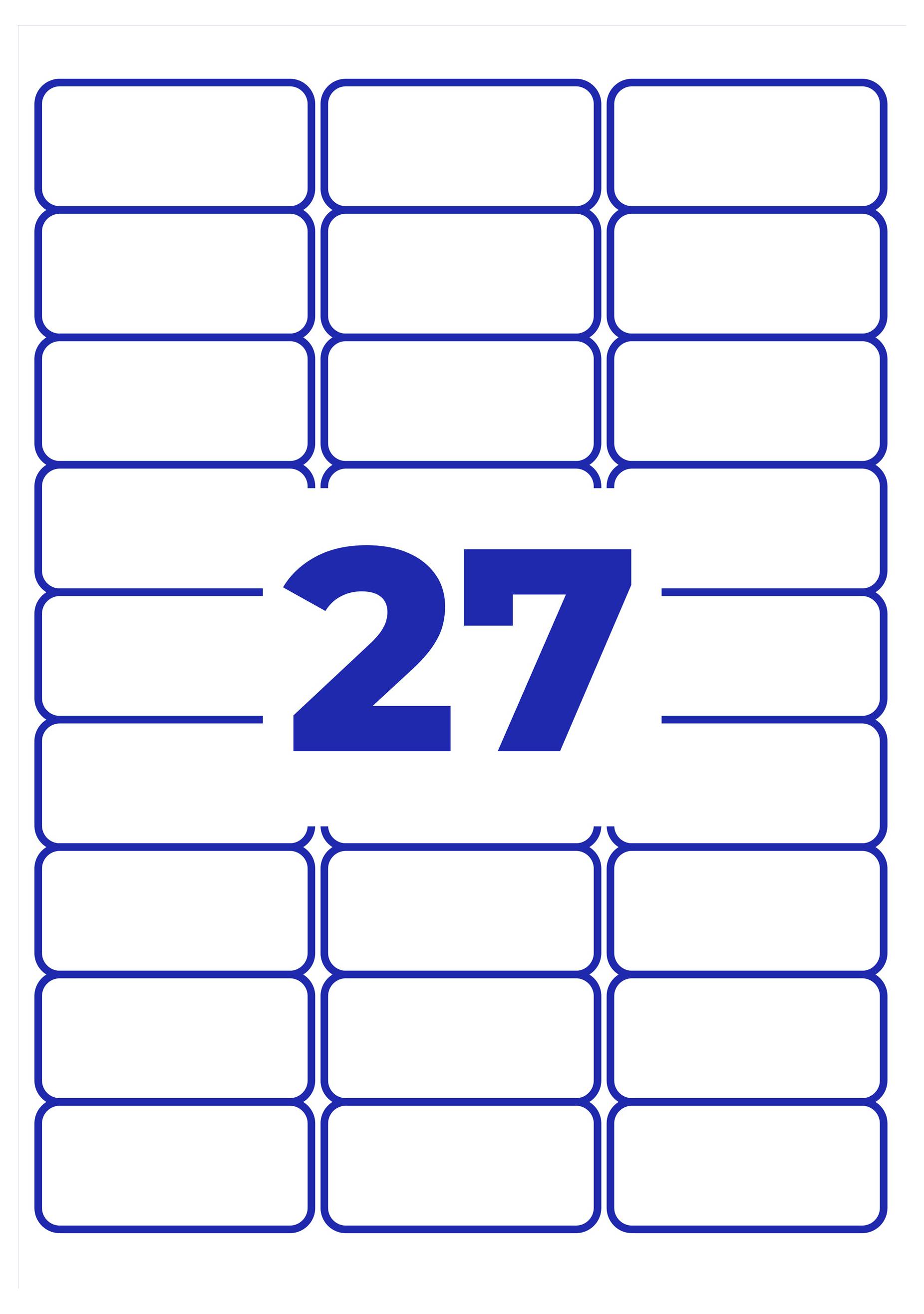 Etikettenvorlage mit 27 weißen, blau umrandeten Feldern; in der Mitte steht groß die Zahl '27'.