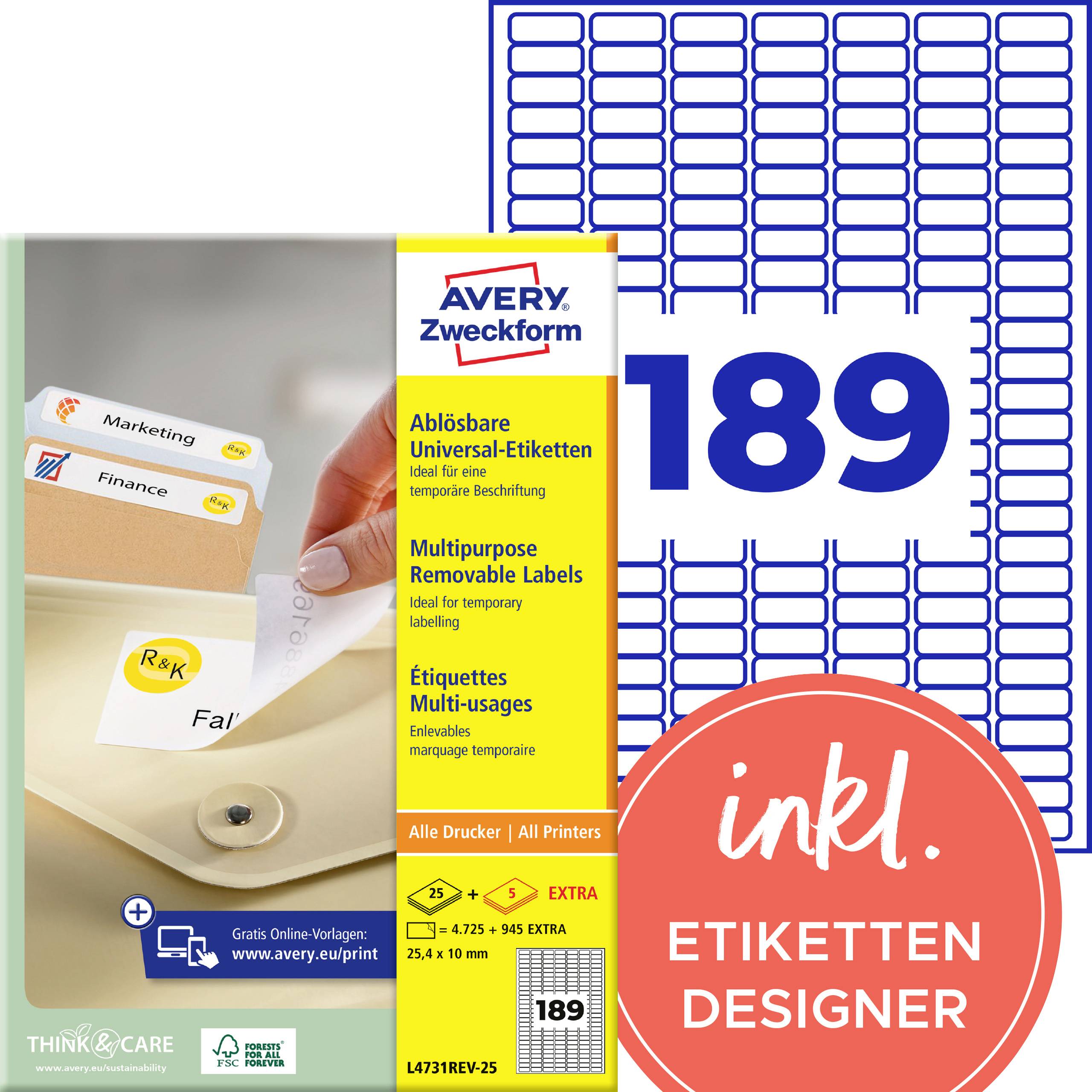 Avery Zweckform Etikettenbogen-Paket für ablösbare Universal-Etiketten, Größe 25,4 x 10 mm, 189 Etiketten, mit integriertem Etiketten-Designer.