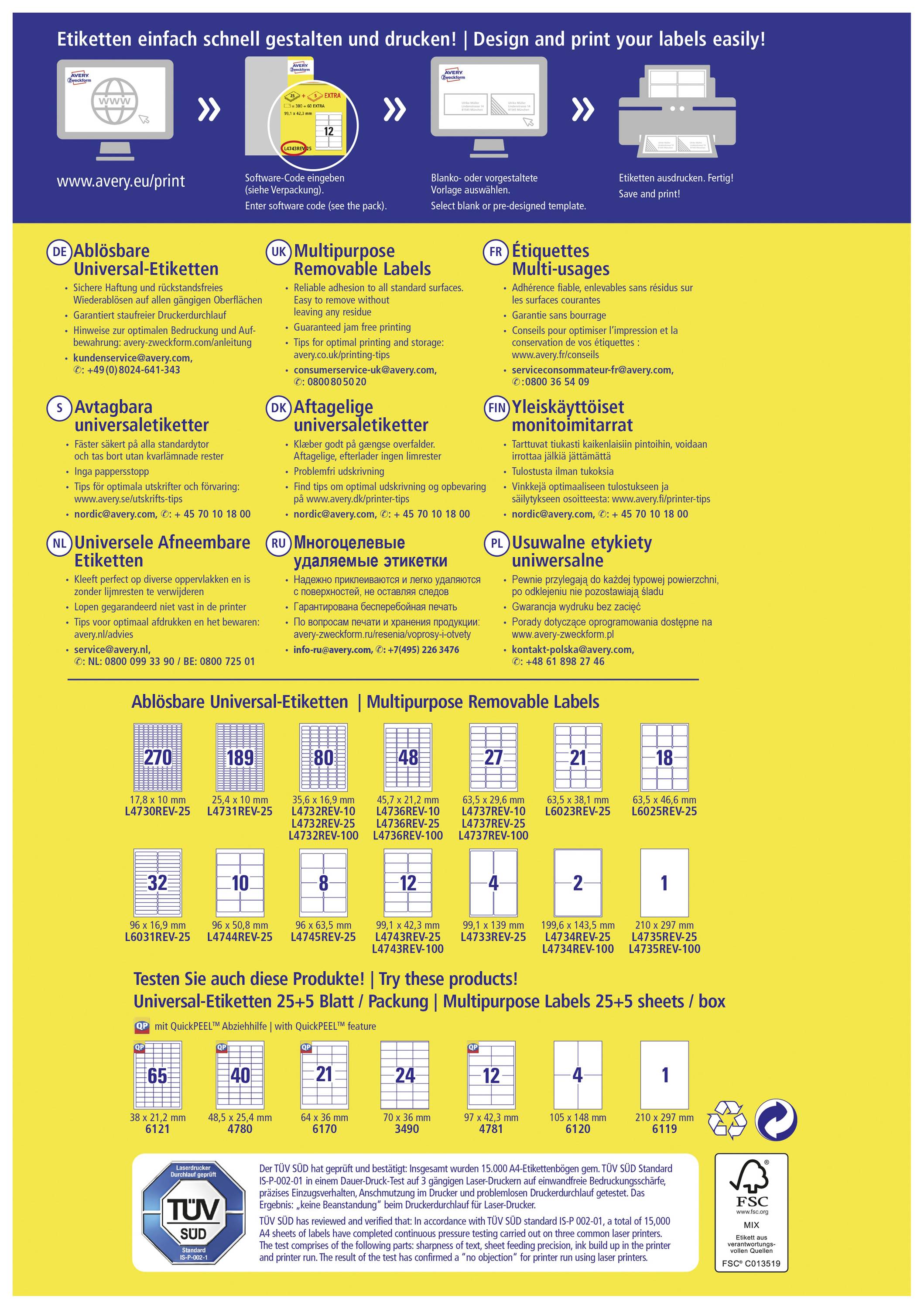 Avery-Zweckform L4731REV-25 Universal-Etiketten 25.4 x 10mm Papier Weiß 5760 St. Wiederablösbar Tintenstrahldrucker, Laserdrucker