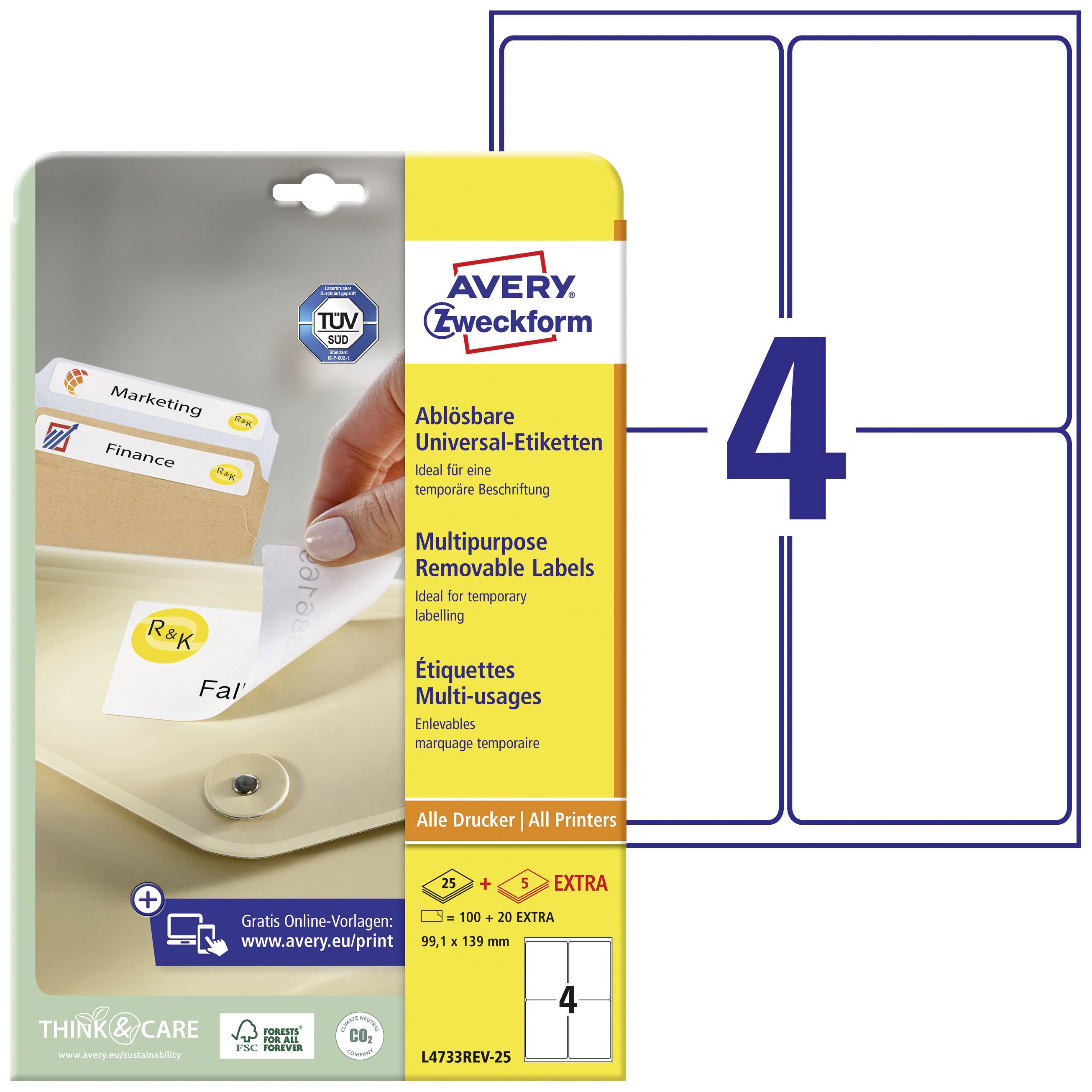 Avery Zweckform ablösbare Universal-Etiketten, gelb, ideal für temporäre Kennzeichnung, gratis Online-Vorlagen, 21 Stück.
