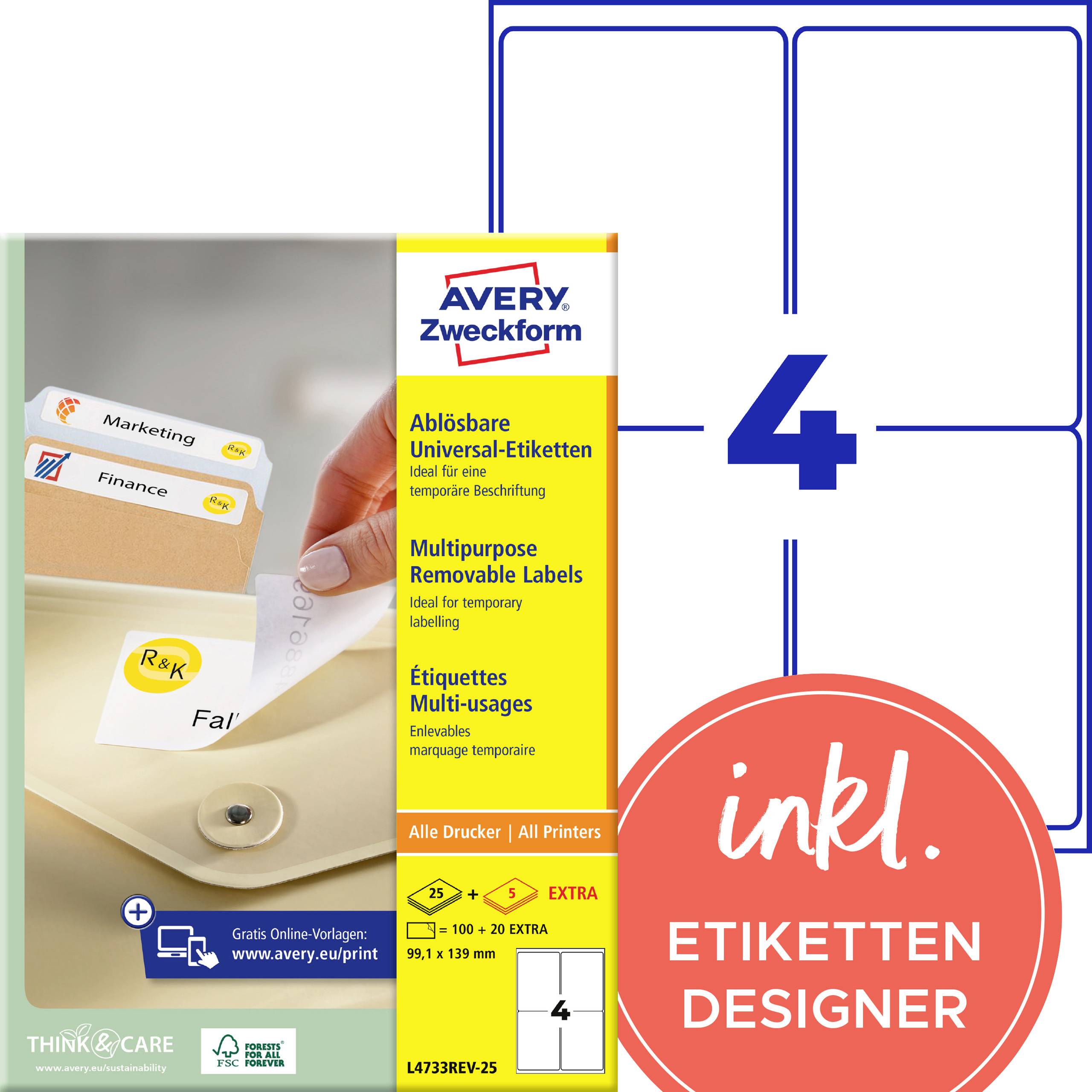 Avery Zweckform ablösbare Universal-Etiketten Packung mit 4 Etiketten enthalten und Etiketten-Designer, gezeigt mit Beispiel-Ablabeln und einer Hand, die ein Etikett abzieht.