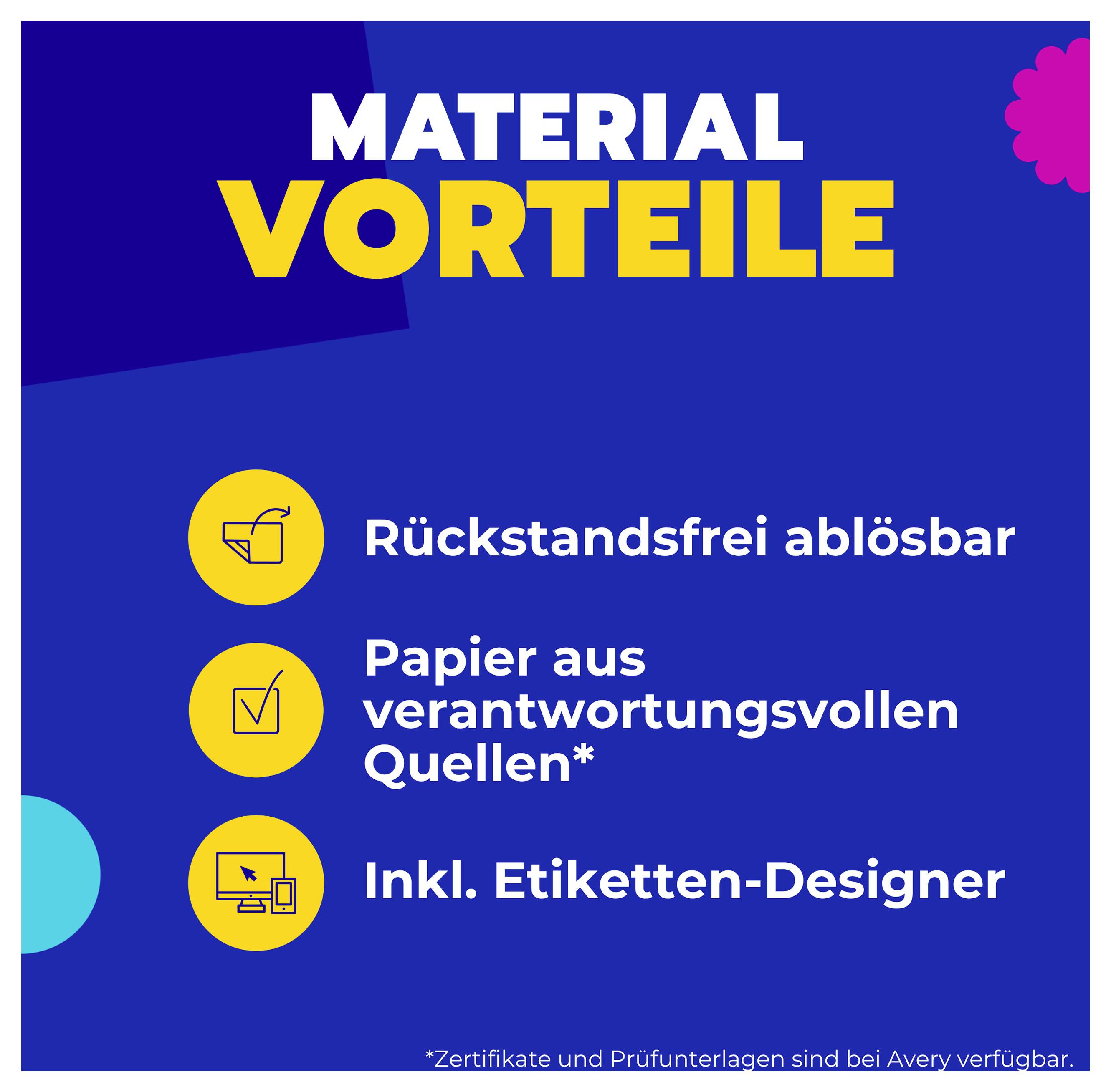Infografik 'Material Vorteile' mit drei Punkten: rückstandsfrei ablösbar, Papier aus verantwortungsvollen Quellen, inkl. Etiketten-Designer.