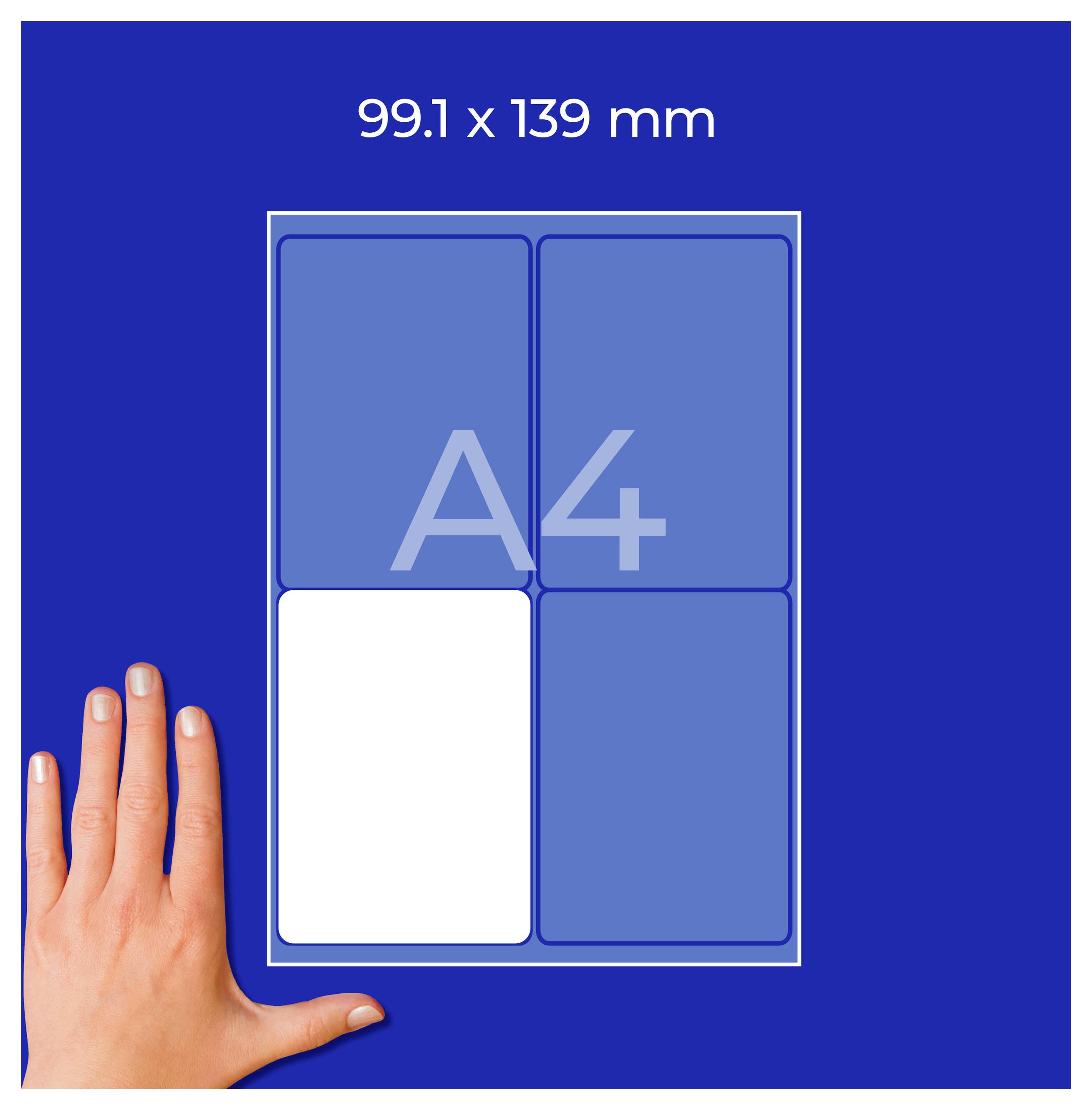 Grafik zum Papierformat A4 mit Maßangabe '99.1 x 139 mm'; vier Kacheln im A4-Rechteck, eine Kachel weiß hervorgehoben, Hand zeigt auf die Darstellung.