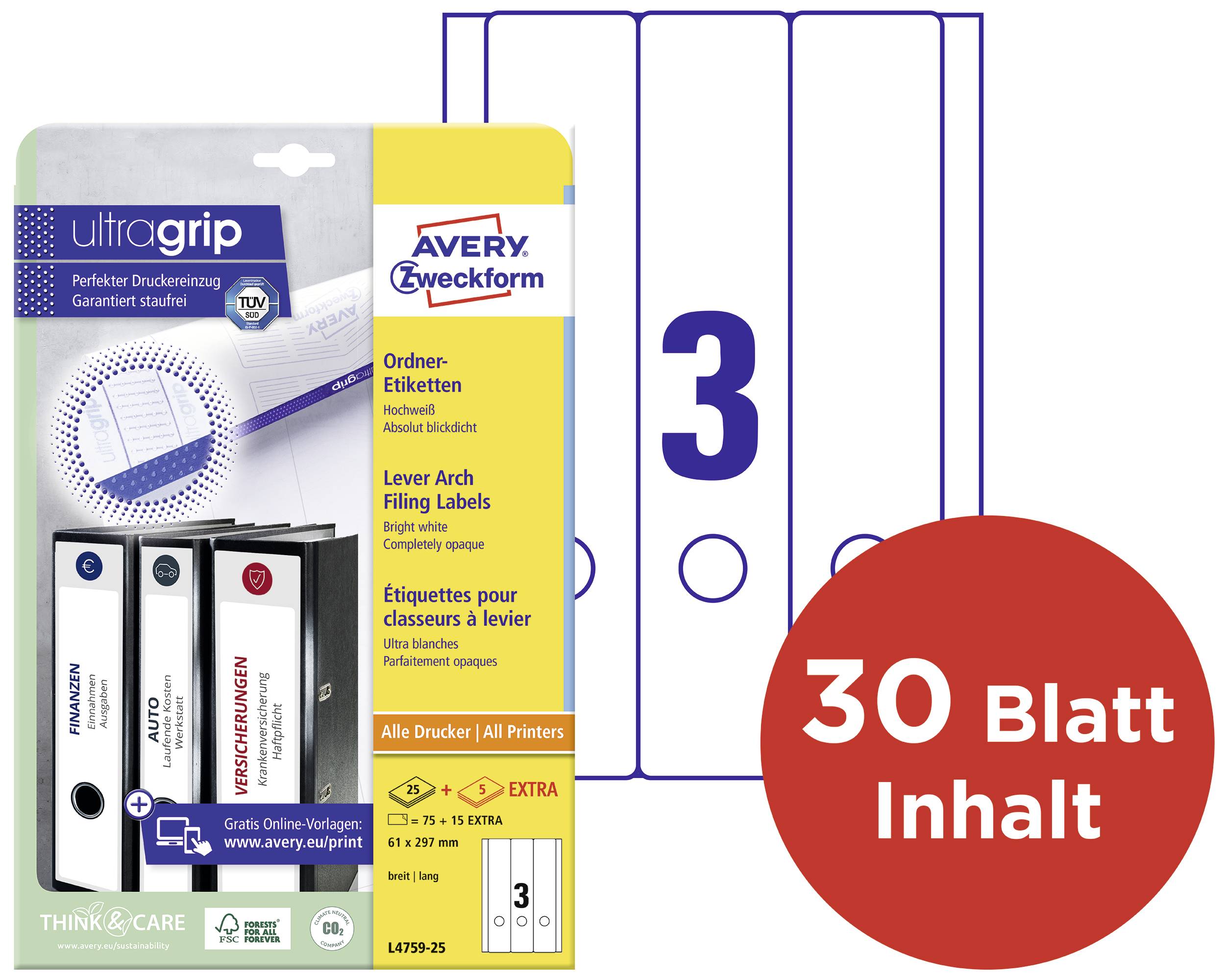 Avery-Zweckform Ordner-Etiketten L4759-25 61 x 297mm Papier Weiß Permanent haftend 90St.