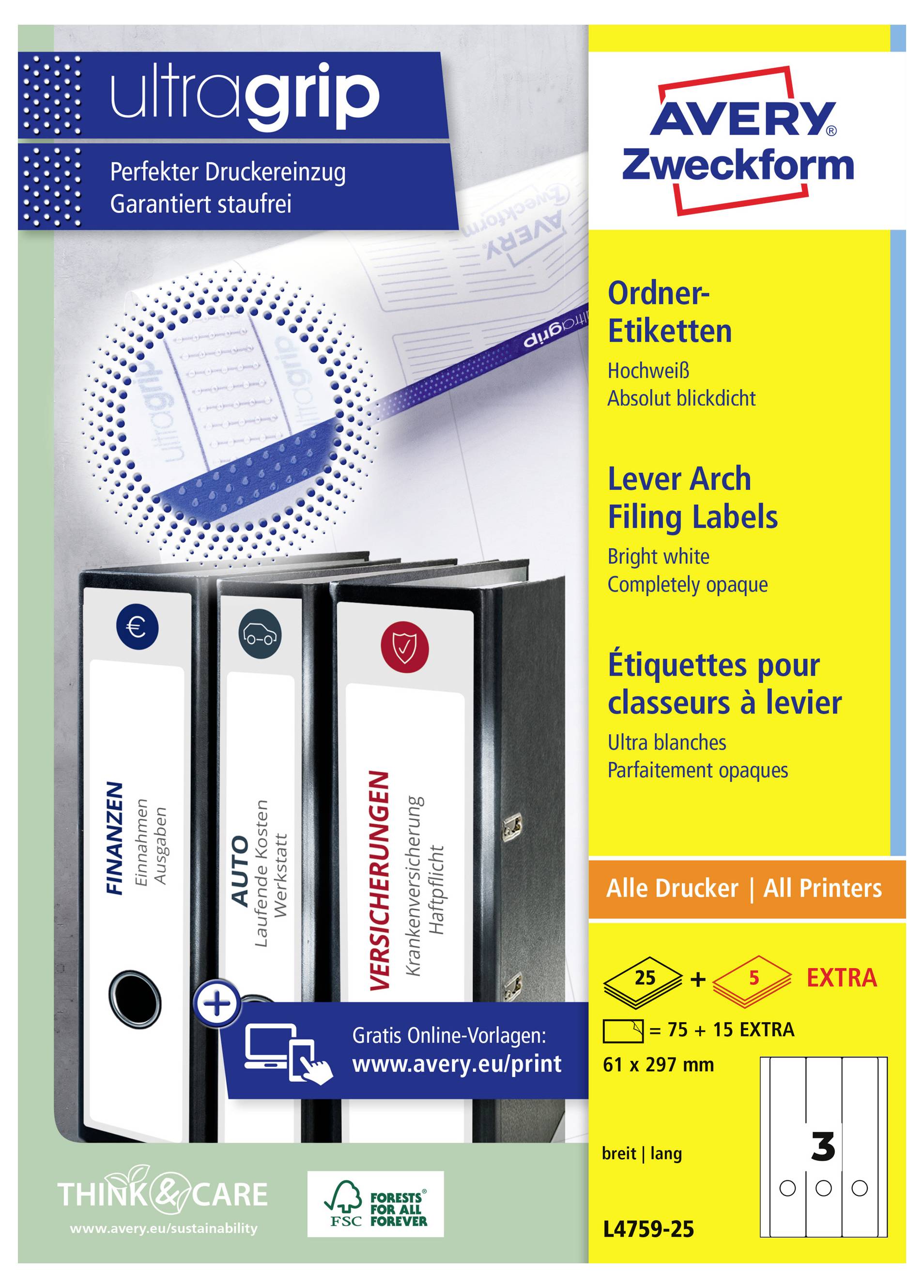 Avery Zweckform 'ultragrip' Hebelmechanismus-Archiv-Etiketten für alle Drucker; extra-undurchsichtige, hochopake Etiketten, 61 x 297 mm, Produktcode L4759-25.