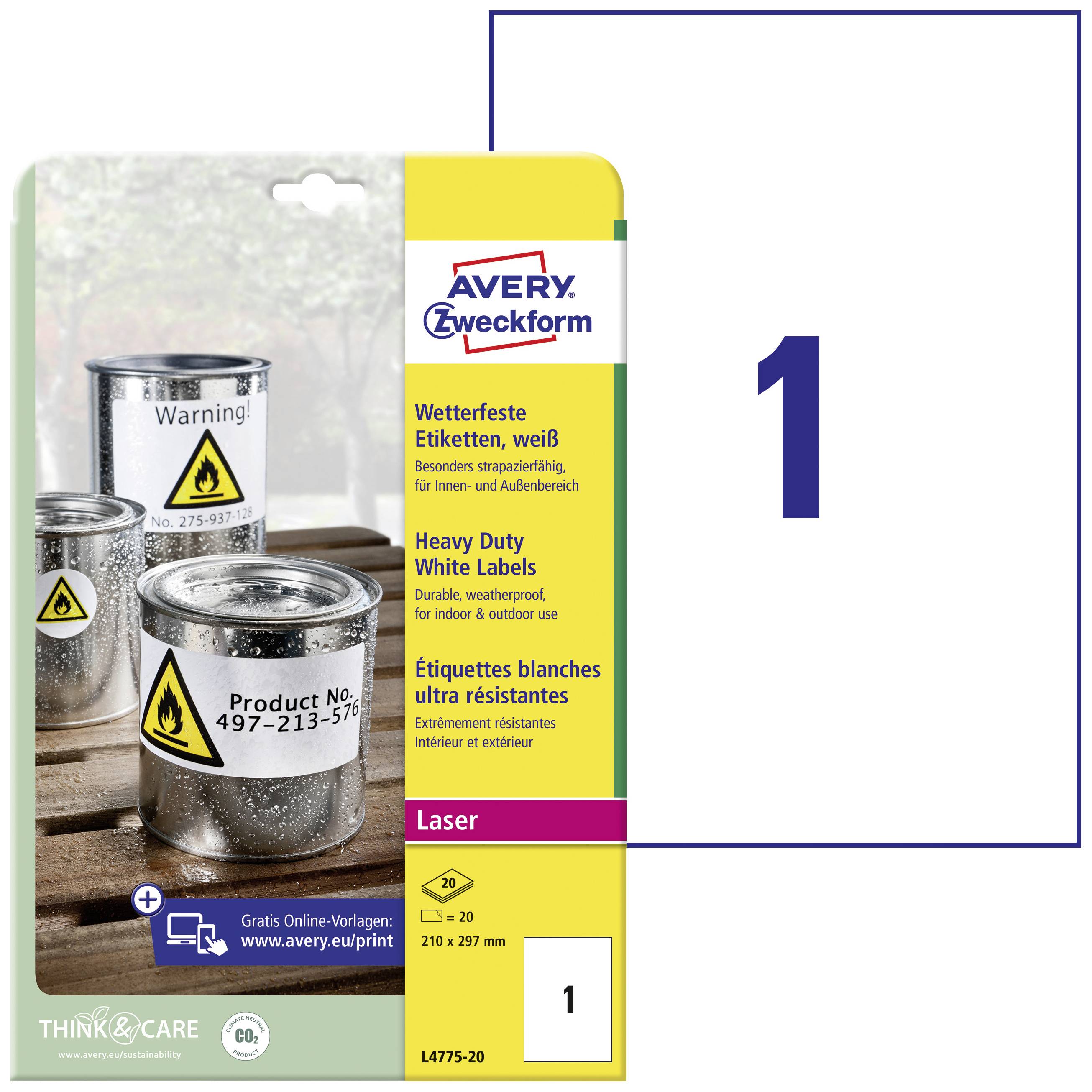 'Packung wetterfeste Etiketten' zeigt drei silberne Dosen mit gelben Warnsymbolen. Produktnummer 497-213-576. Avery Zweckform.