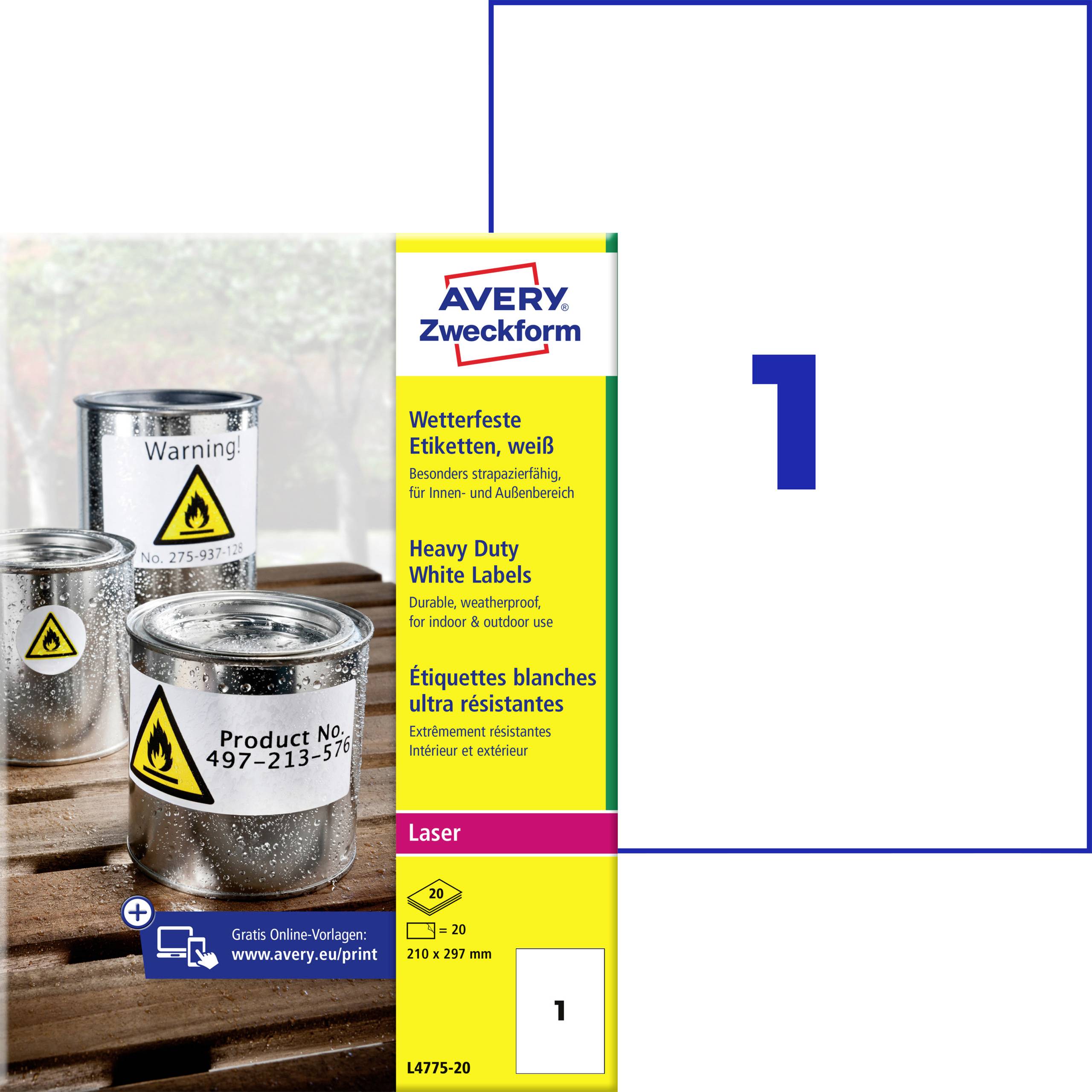 Avery Zweckform weiße Laser-Etikett-Bogen mit einem großen leeren Etikett, das mit „1" gekennzeichnet ist, und einem Foto von beschrifteten Metalldosen auf der Verpackung.