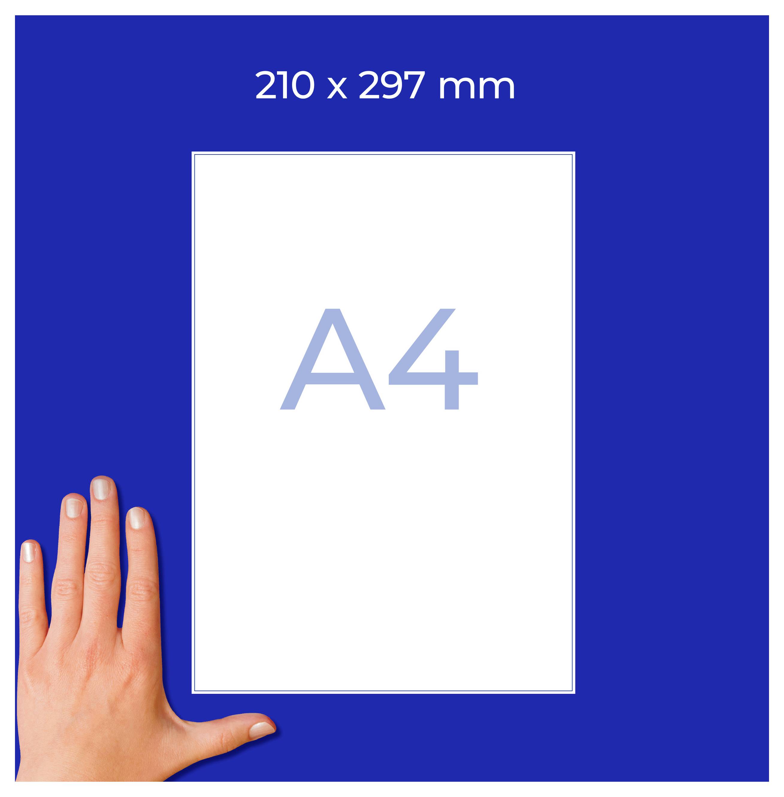 Grafische Darstellung eines A4-Blatts im Format 210 x 297 mm auf blauem Hintergrund, unten links eine Hand als Größenvergleich.