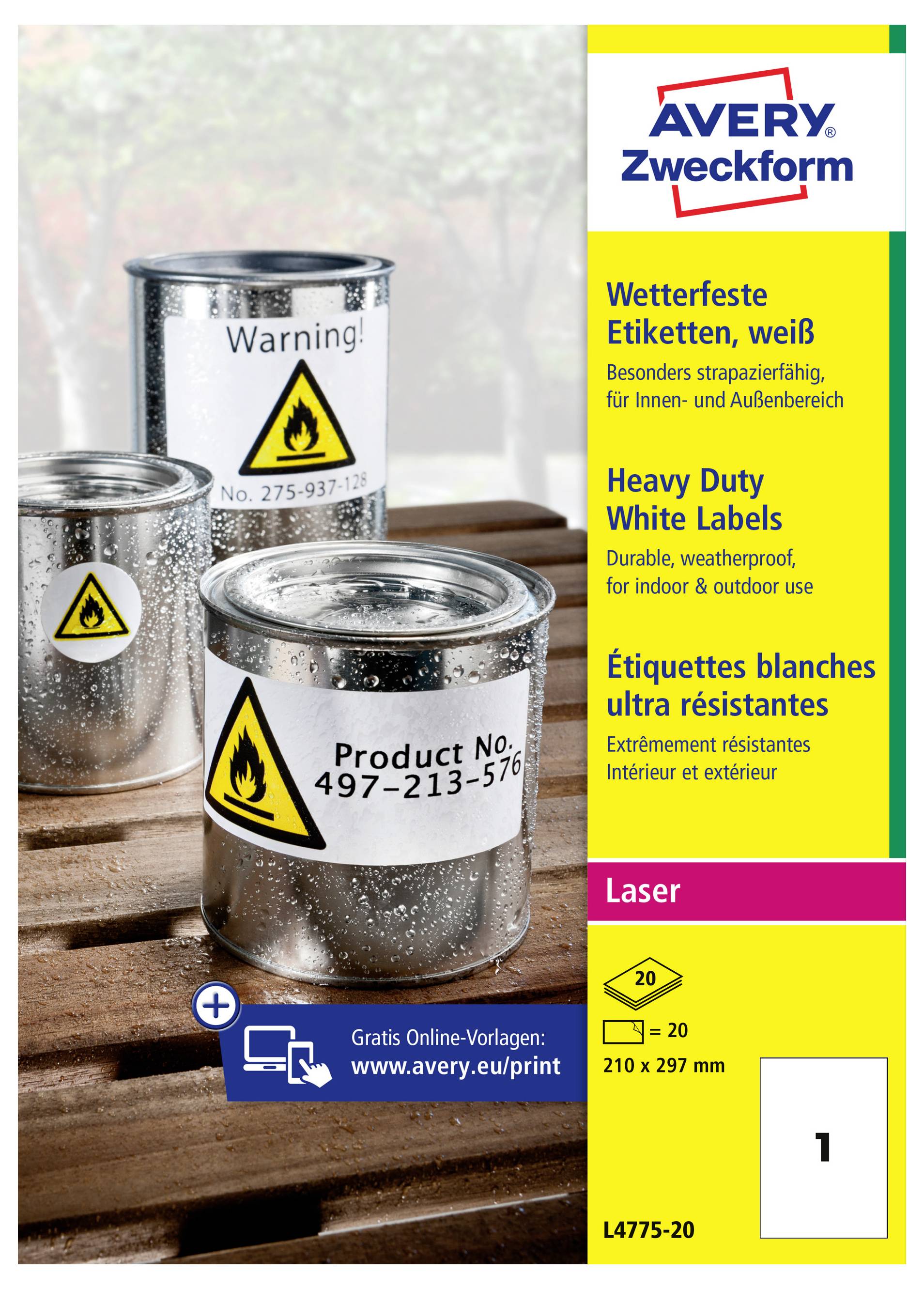 Avery Zweckform wasserfeste weiße Etiketten in schwerer Ausführung für Laserdrucker, 210 x 297 mm, Packung mit 20 Stück, mit Produktbildern auf Metalldosen.