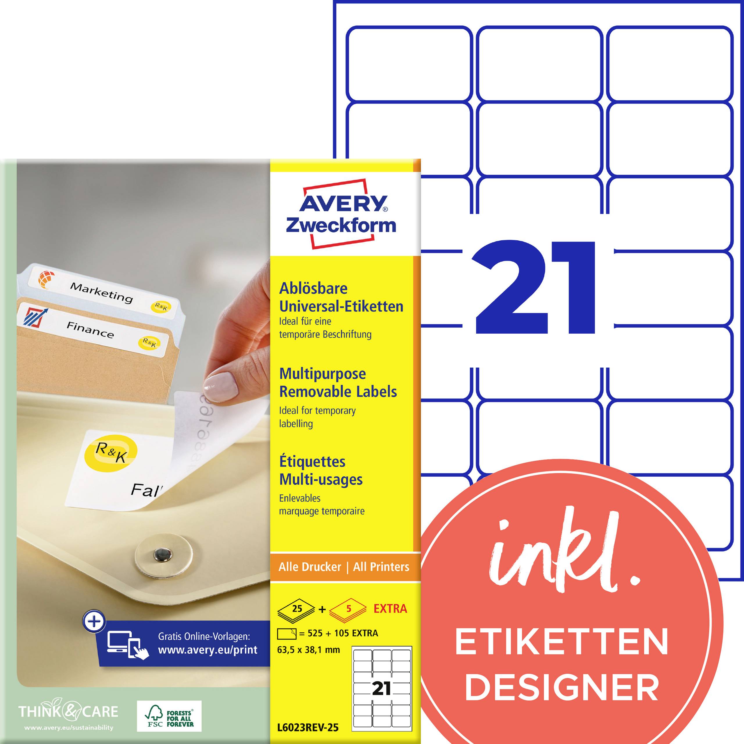 Avery Zweckform Paket mit ablösbaren Etiketten mit 21 Blatt und enthaltenem 'Etikettenstgestalter' für alle Drucker.