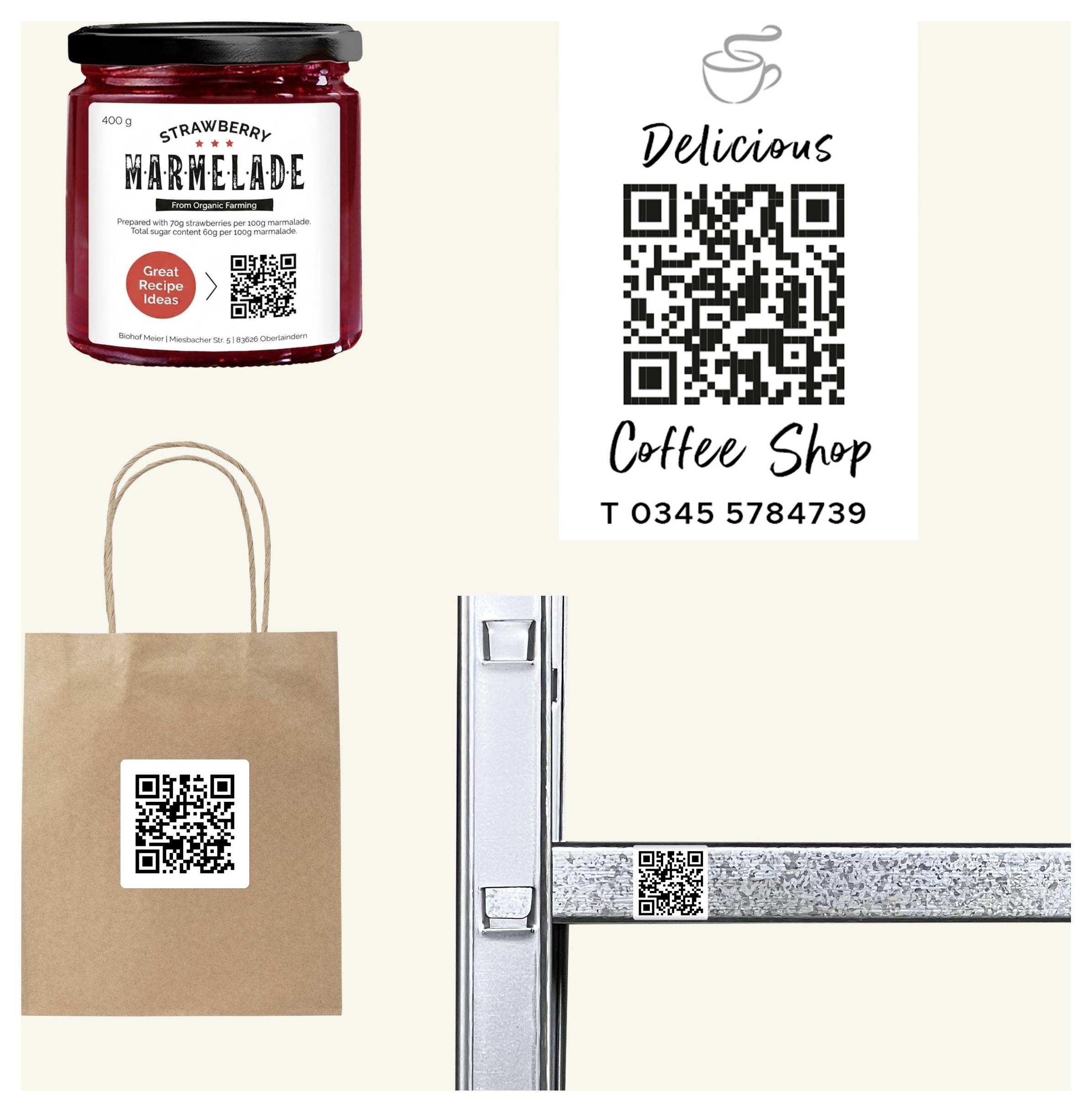 Collage mit QR-Codes auf Marmeladenglas, Kaffeekarten und Einkaufstüte sowie einem weiteren QR-Code an einer Metallstruktur.