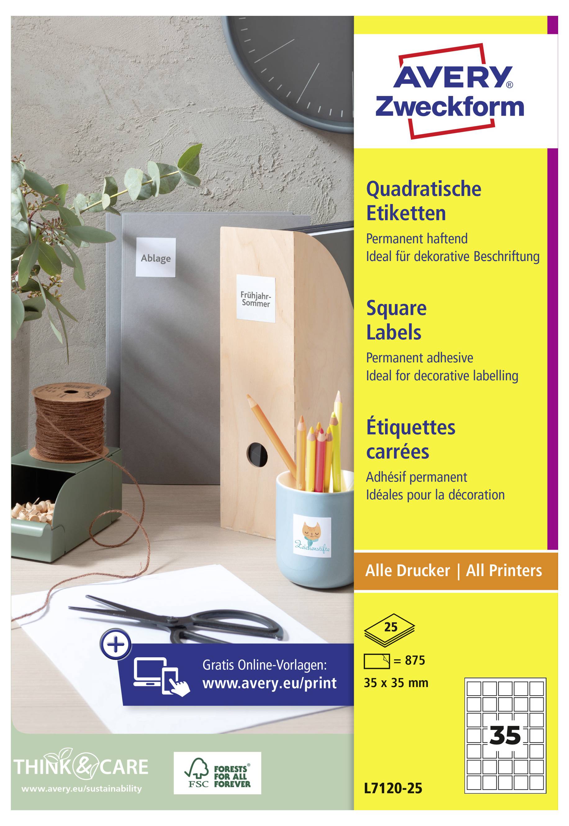 Avery Zweckform quadratische Etiketten Multipack für alle Drucker, 35 x 35 mm, 875 Etiketten, permanenter Klebstoff, mit Etikettenblatt-Grafik '35'.