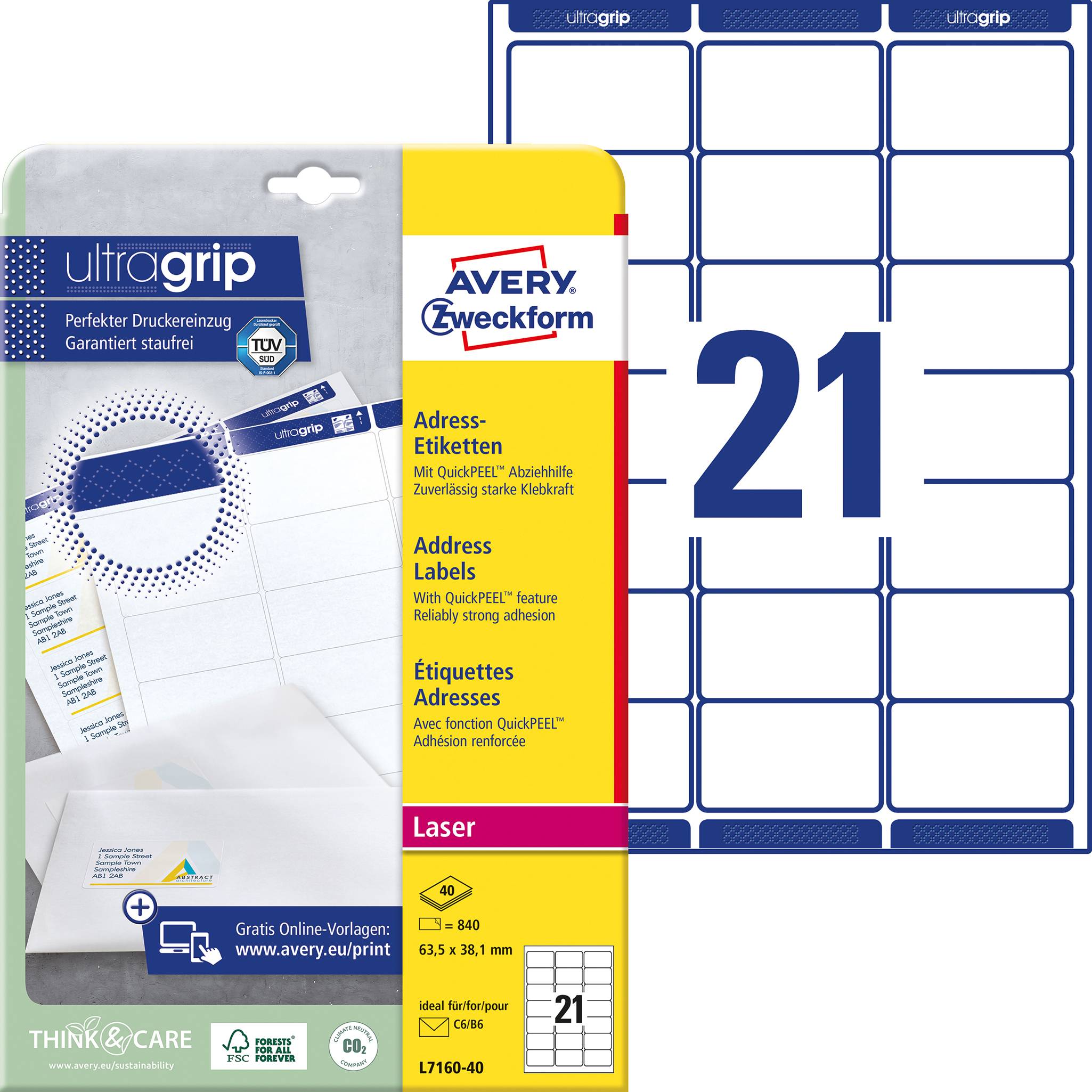 Avery-Zweckform L7160-40 Adress-Etiketten 63.5 x 38.1 mm Papier Weiß 840 St. Permanent haftend Tintenstrahldrucker, Laserdrucker, Farblaserdrucker