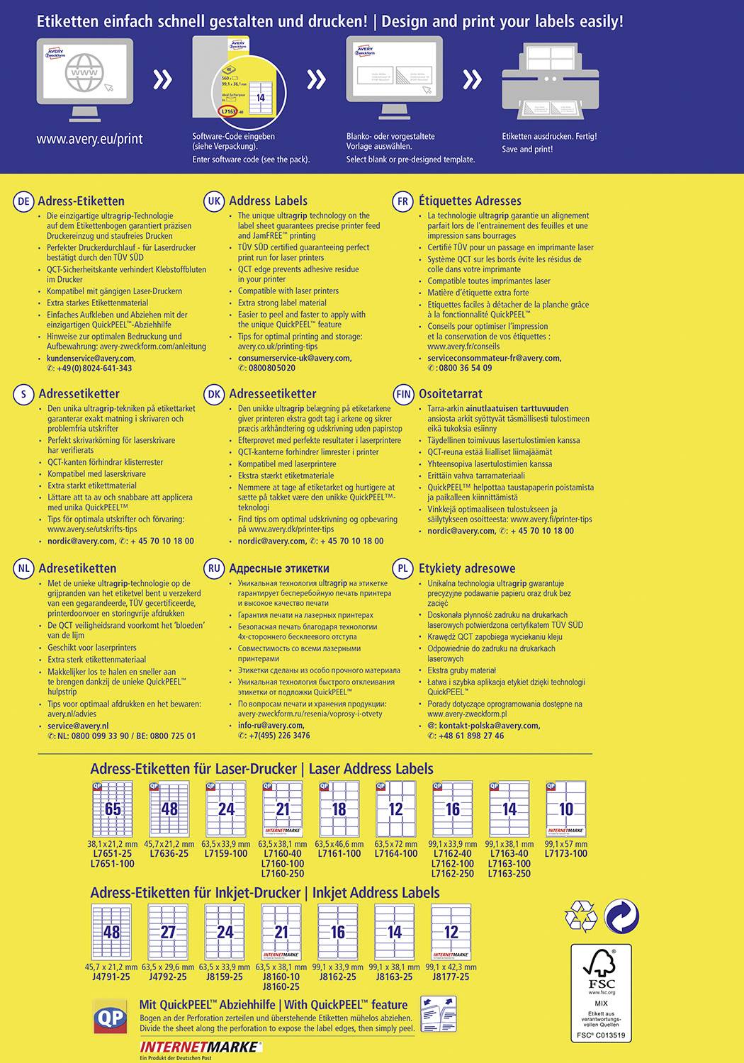 Avery-Zweckform L7160-40 Adress-Etiketten 63.5 x 38.1 mm Papier Weiß 840 St. Permanent haftend Laserdrucker, Farblaserdrucker, Kopierer