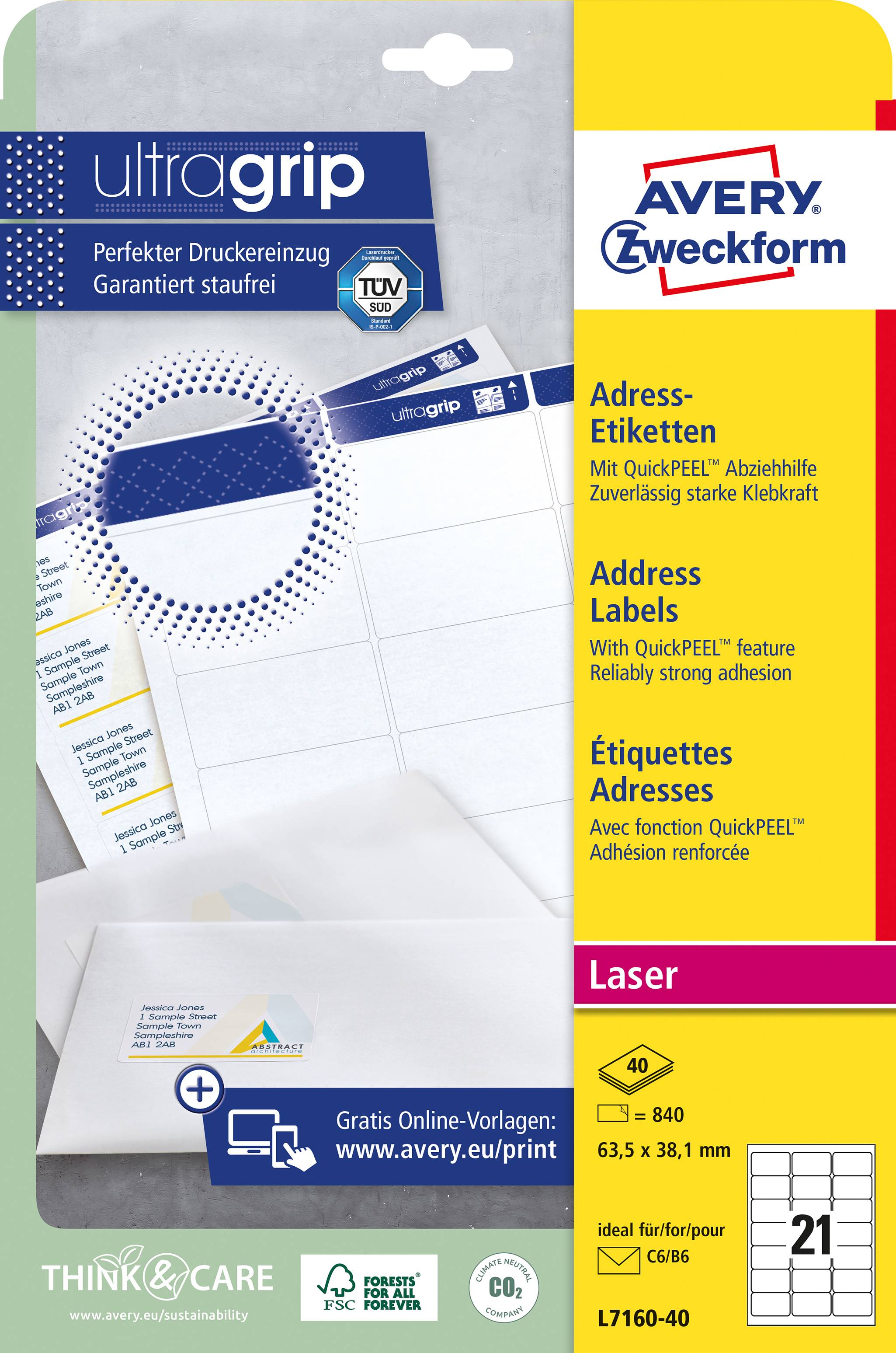 Avery-Zweckform L7160-40 Adress-Etiketten 63.5 x 38.1 mm Papier Weiß 840 St. Permanent haftend Tintenstrahldrucker, Laserdrucker, Farblaserdrucker