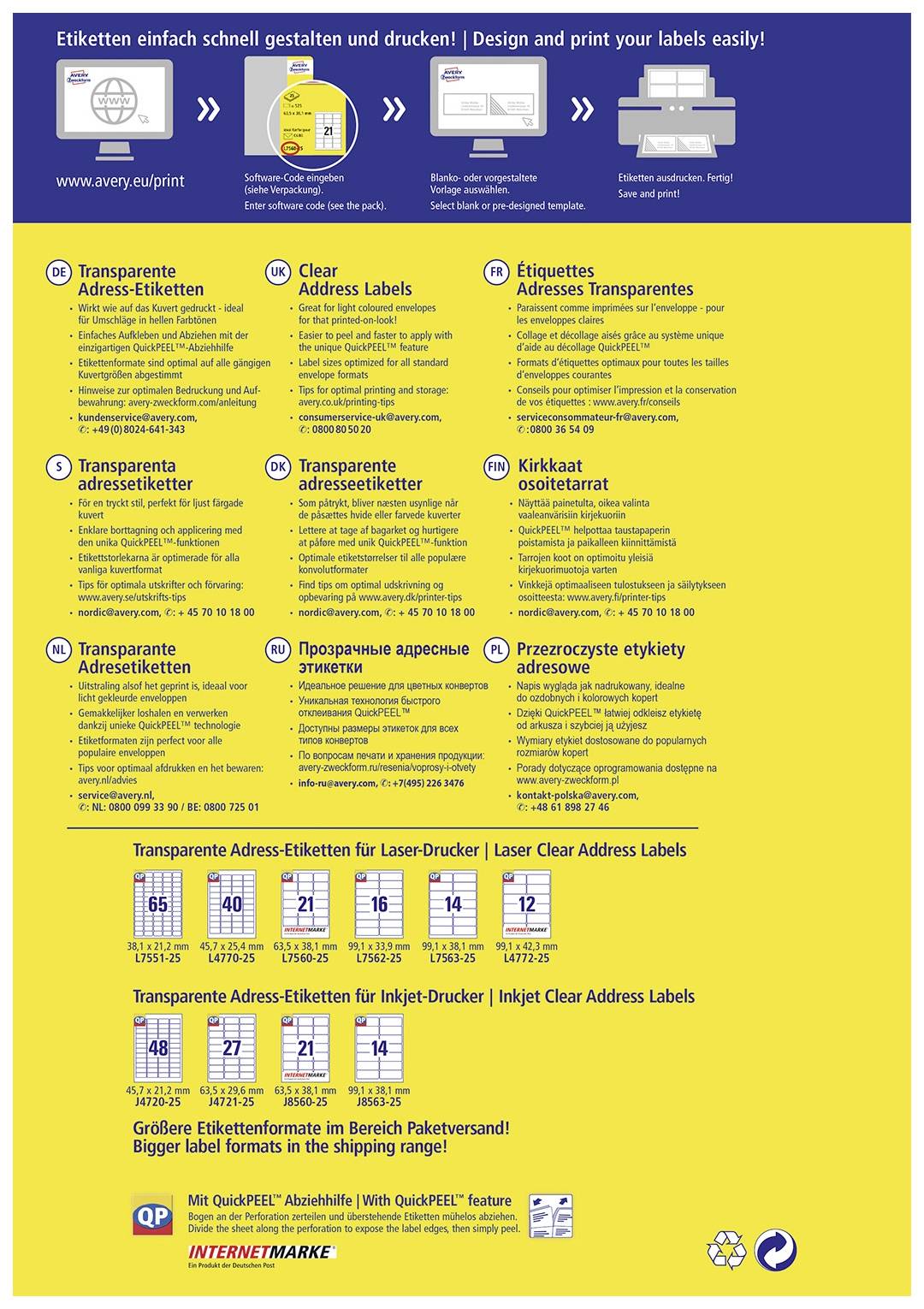 Avery-Zweckform L7560-25 Adress-Etiketten 63.5 x 38.1mm Polyester-Folie Transparent 525 St. Permanent haftend Tintenstrahldrucker