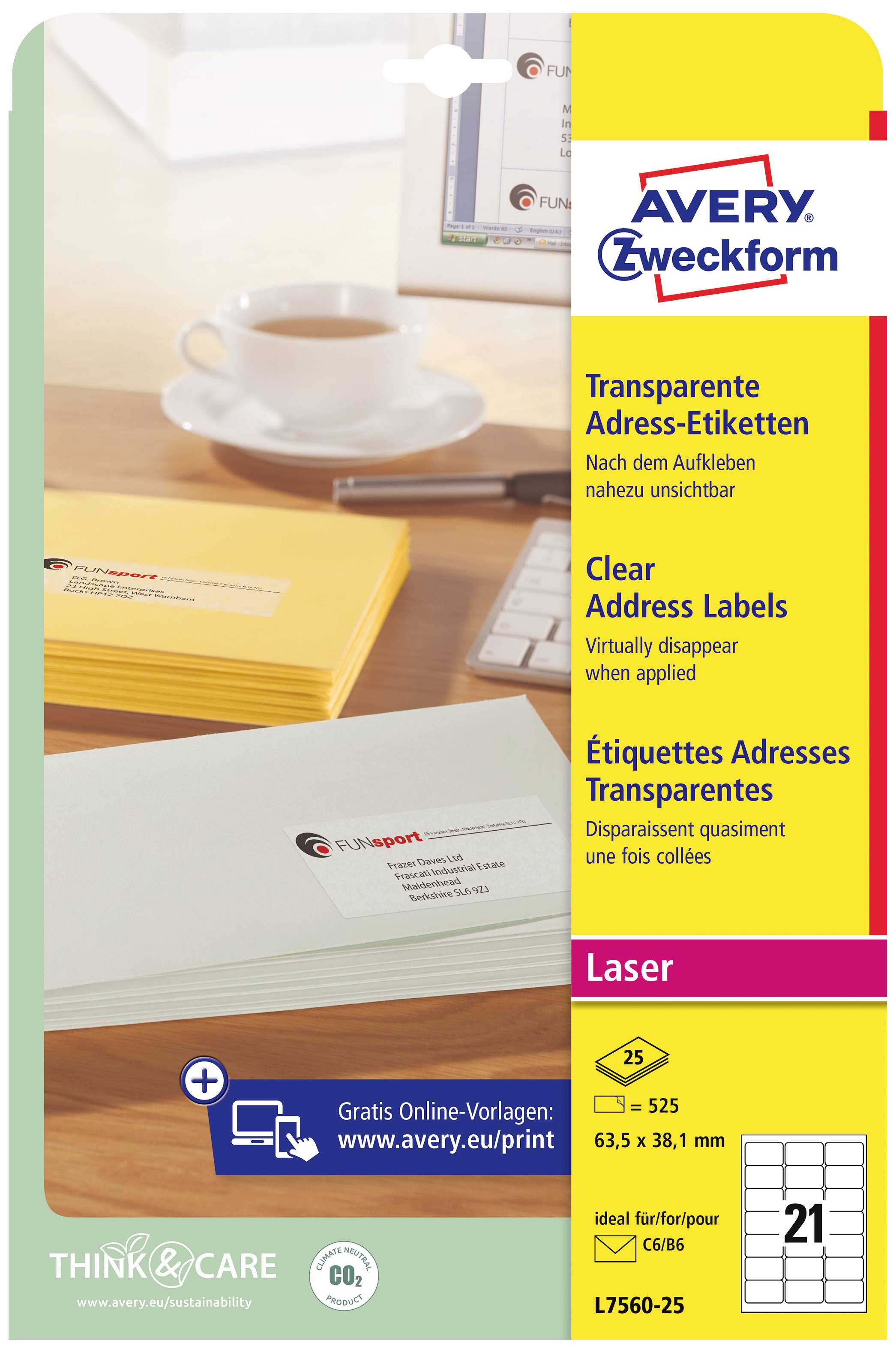 Avery-Zweckform L7560-25 Adress-Etiketten 63.5 x 38.1mm Polyester-Folie Transparent 525 St. Permanent haftend Tintenstrahldrucker